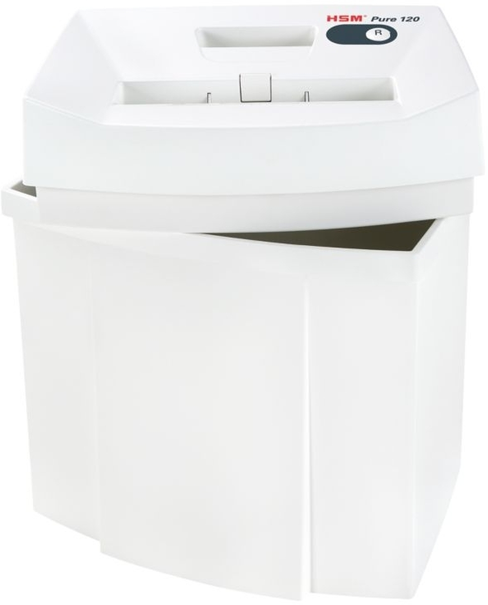 Una trituradora de papel blanca HSM Pure 120 con papelera abierta sobre fondo blanco.
