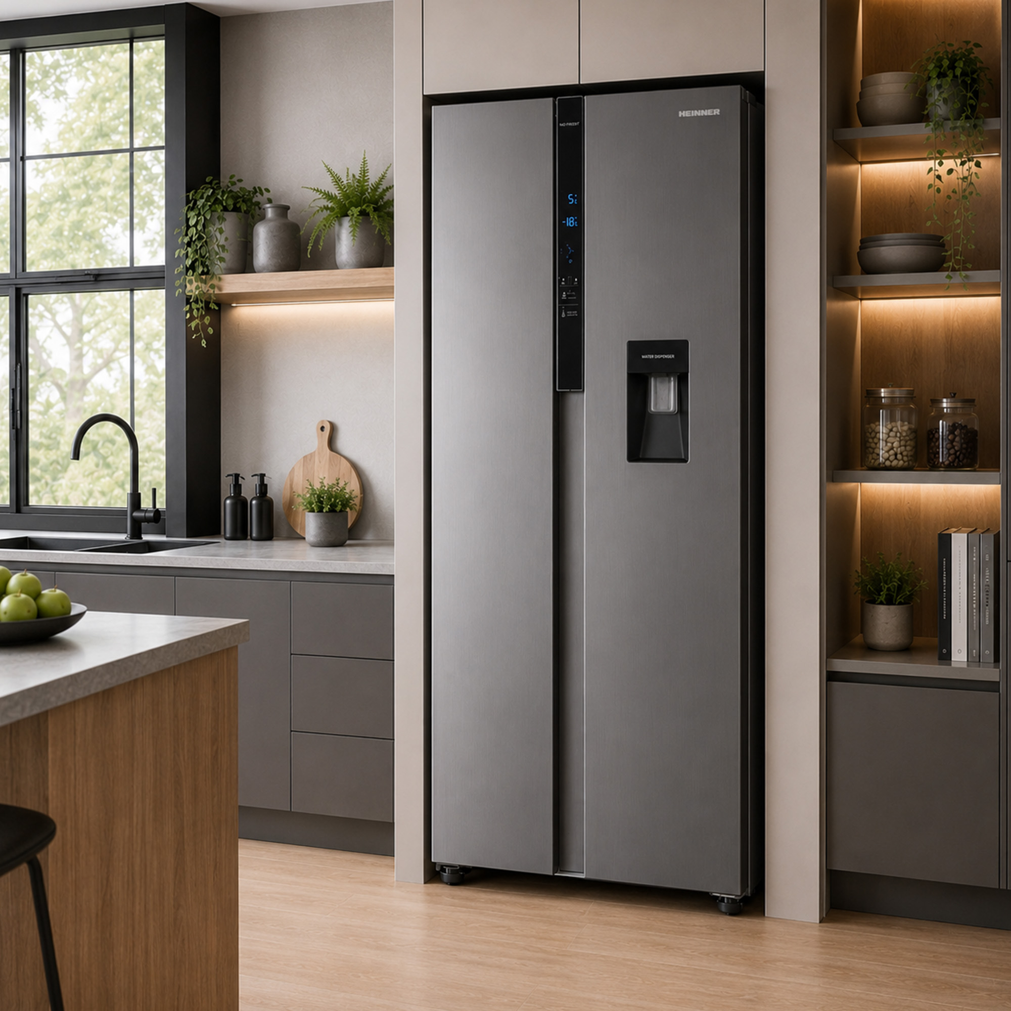 Modern grey side-by-side refrigerator in a stylish kitchen featuring wooden floors, shelves, and a dark sink.