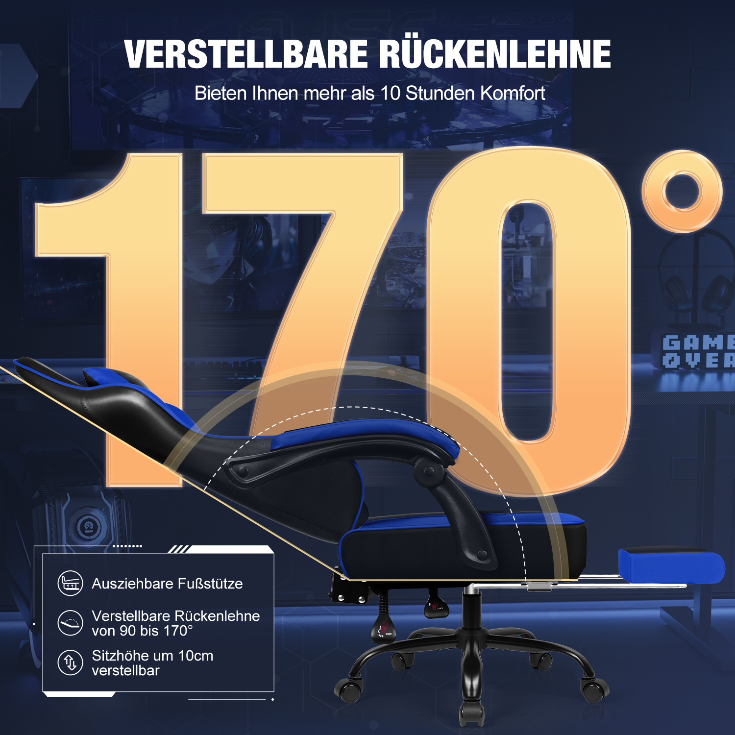 Ein blauer und schwarzer Gaming-Stuhl mit einer um 170 Grad verstellbaren Rückenlehne und Fußstütze.