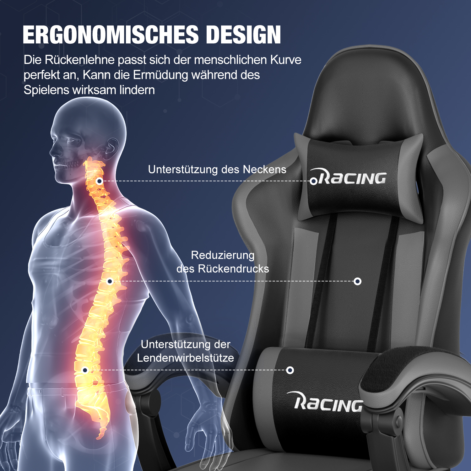 Diagramm zeigt ergonomische Unterstützung eines Gaming-Stuhls für die Wirbelsäule.