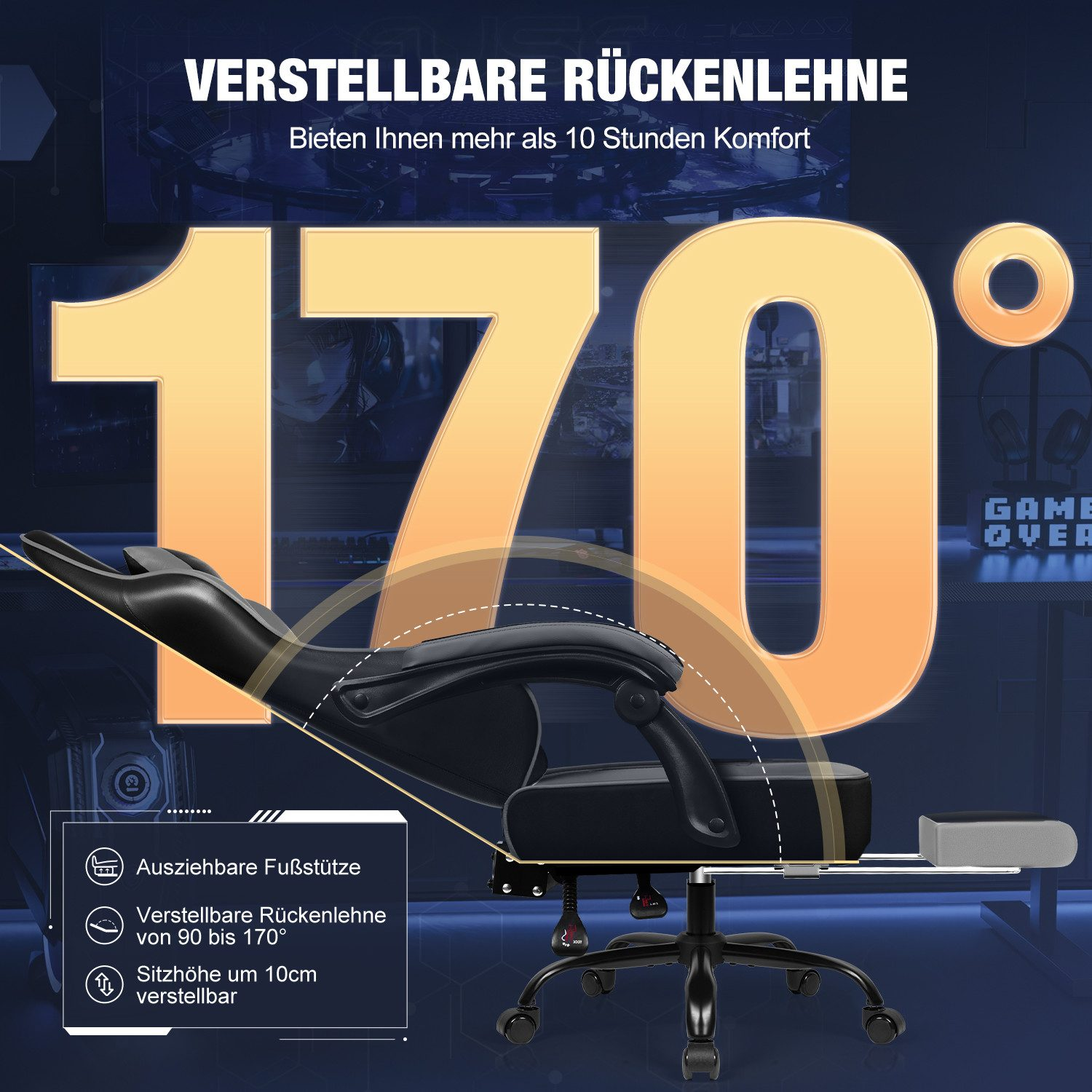 Ein schwarzer Gaming-Stuhl mit ausziehbarer Fußstütze und bis zu 170 Grad verstellbarer Rückenlehne.