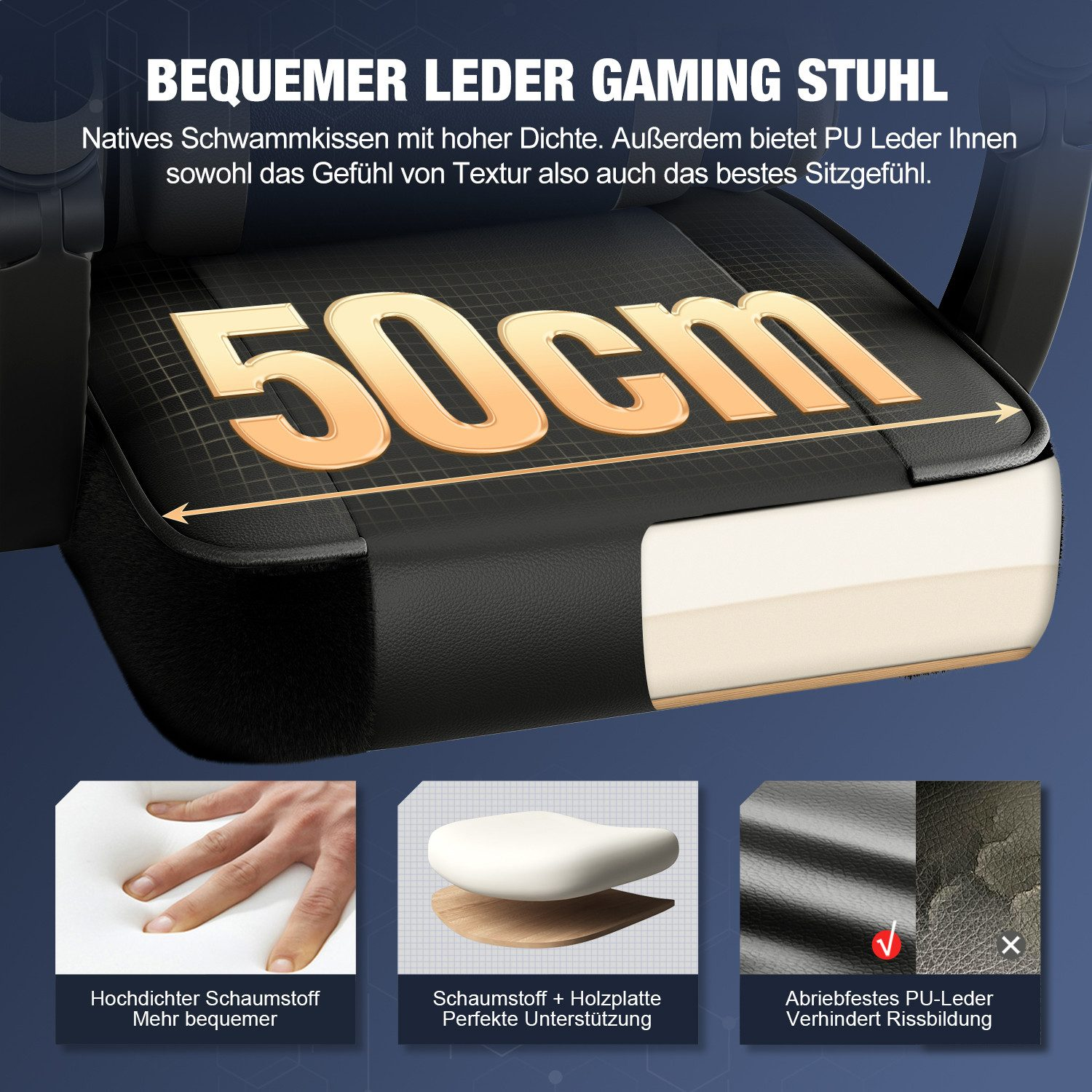 Gaming-Stuhl mit 50cm Sitzfläche, hochdichtem Schaumstoff, Holzplatte und abriebfestem PU-Leder.