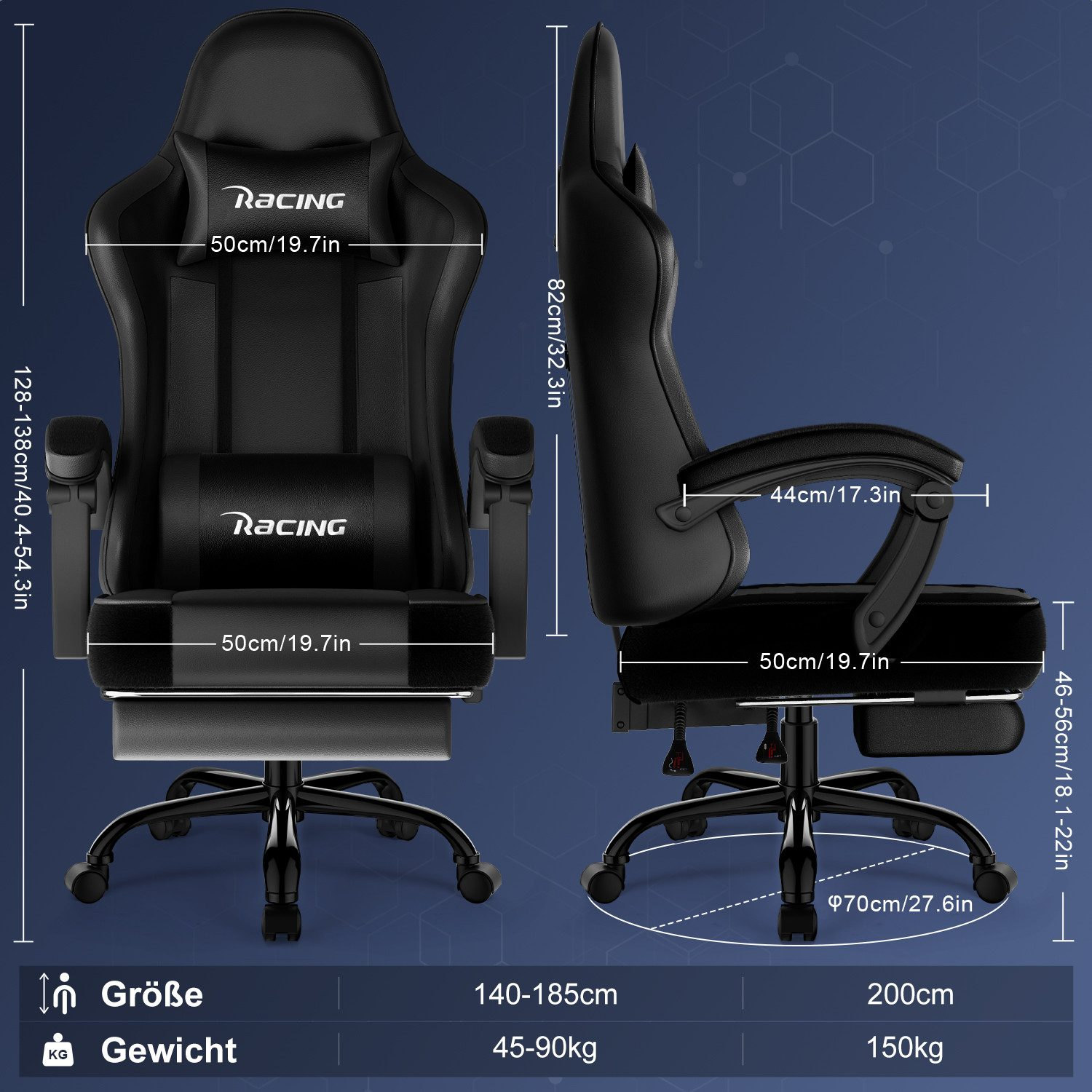 Schwarzer Gaming-Stuhl mit Messungen für Höhe, Sitz und Armlehnen sowie Größentabelle unten.