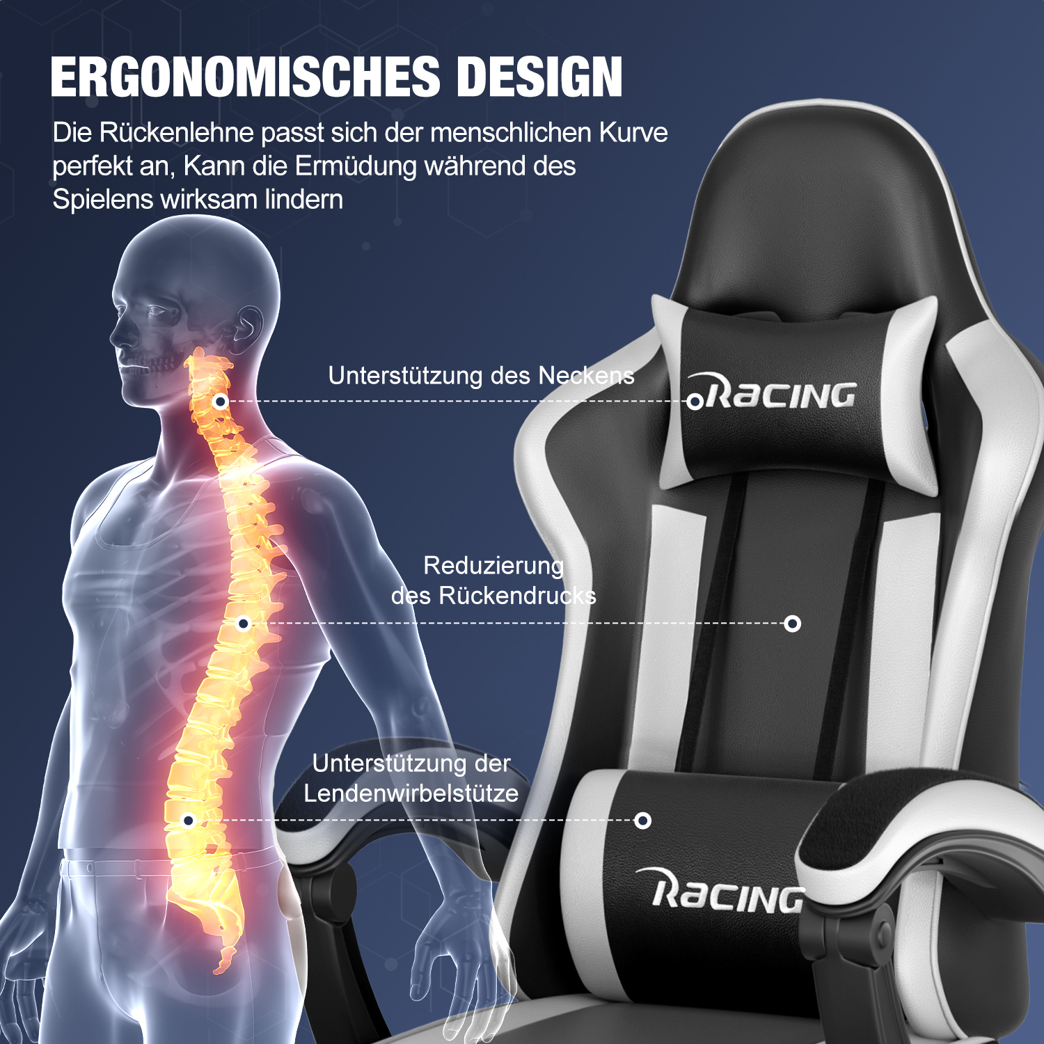 Diagramm zeigt ergonomische Unterstützung für Nacken, Rücken und Lendenbereich an einem Gaming-Stuhl.