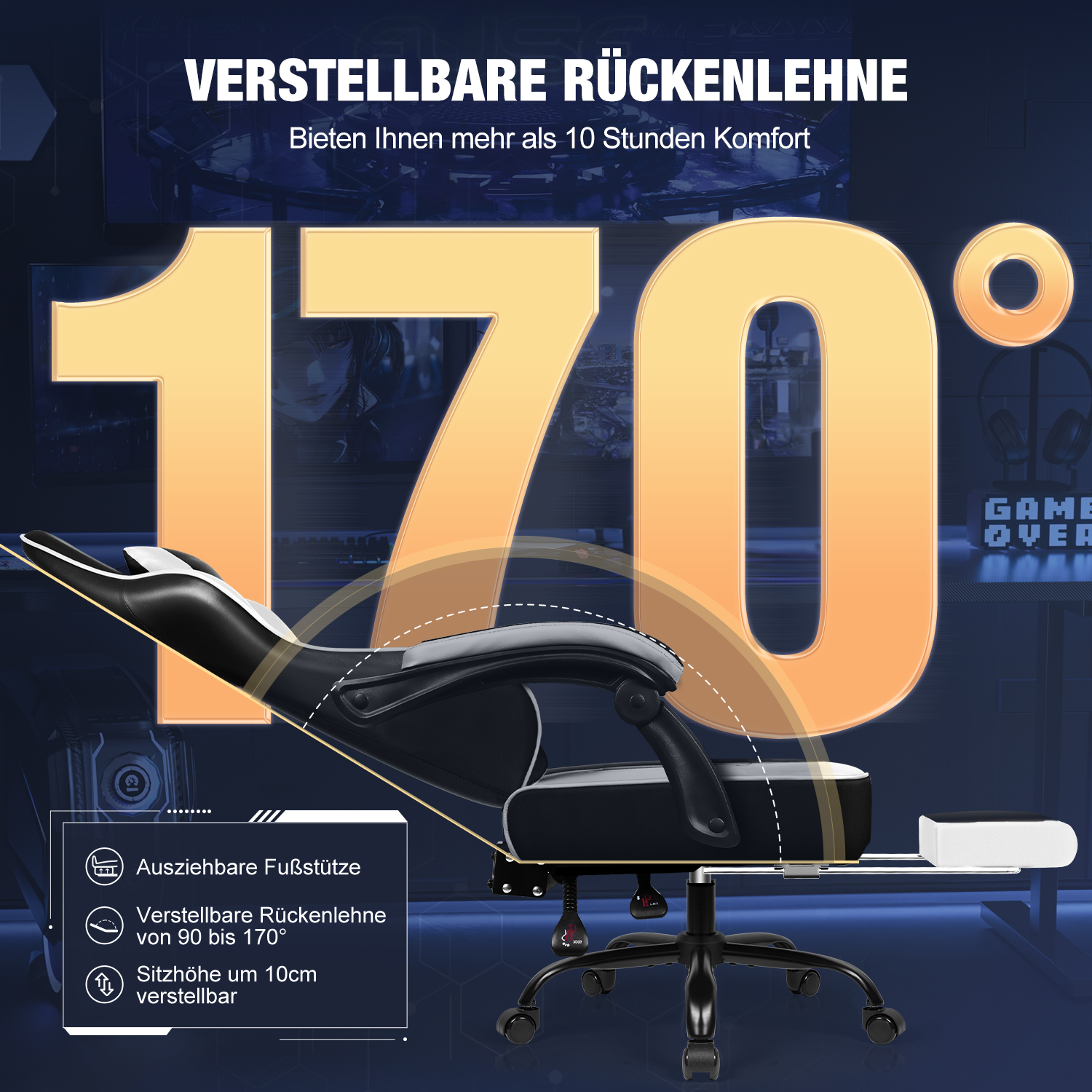 Ein schwarzer Gaming-Stuhl mit ausziehbarer Fußstütze ist 170 Grad neigbar vor blauem Hintergrund.