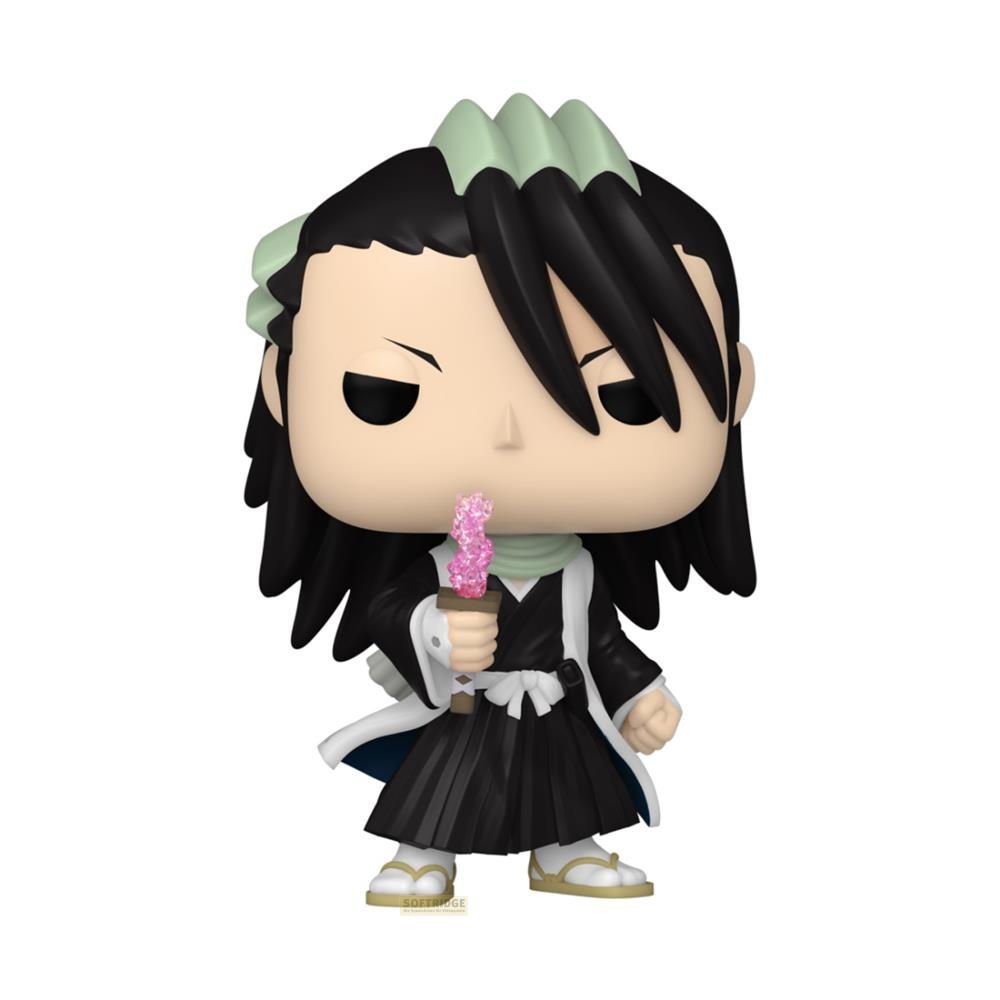 Figurka Funko Pop anime z czarnymi włosami, czarno-białym kimonem, trzymająca różowy, lśniący miecz.