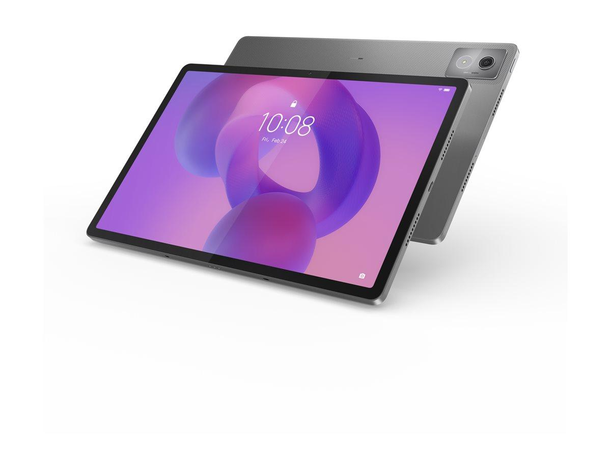 Due tablet grigi mostrati frontalmente e sul retro su sfondo bianco, con schermo astratto viola.