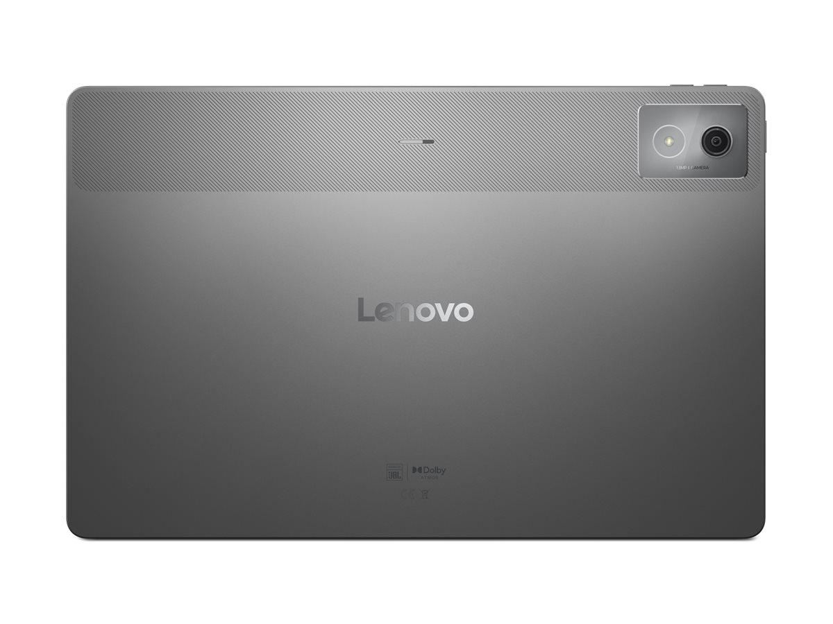 Il retro grigio di un tablet Lenovo con fotocamera e logo del marchio.