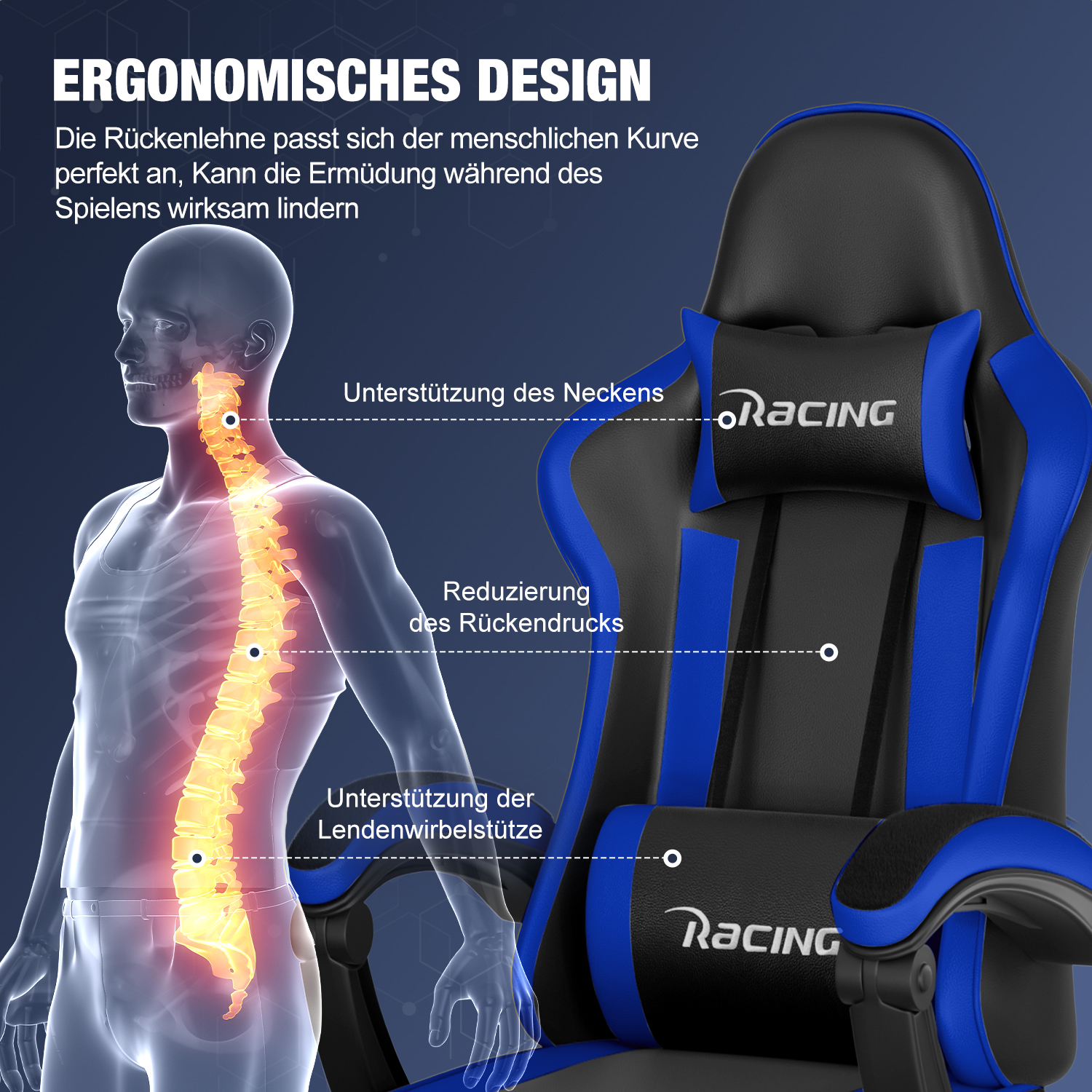 Diagramm zeigt ergonomisches Design eines blauen Gaming-Stuhls mit Unterstützung für Wirbelsäule und Nacken.