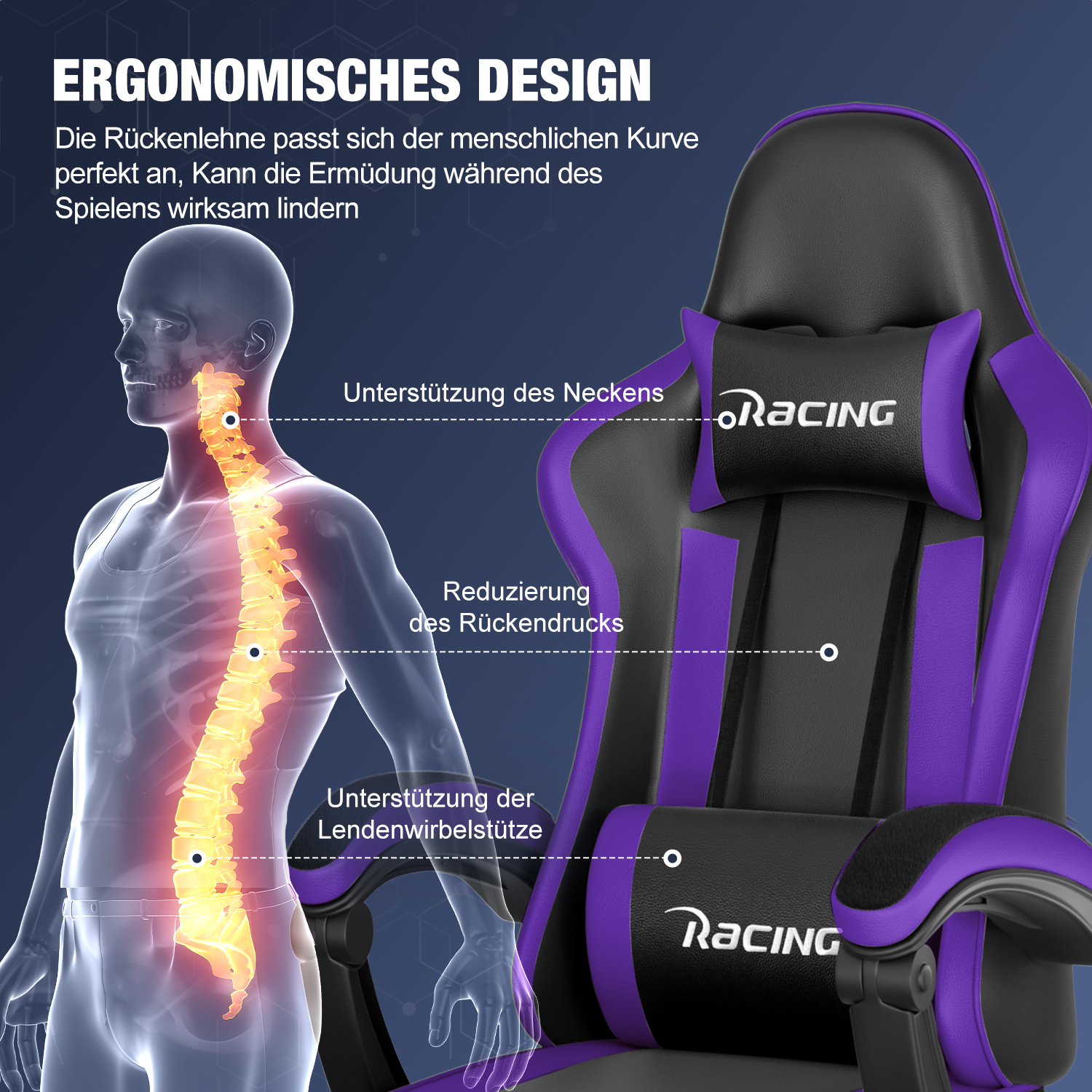 Eine Infografik zur Wirbelsäulenausrichtung mit einem ergonomischen Gaming-Stuhl.