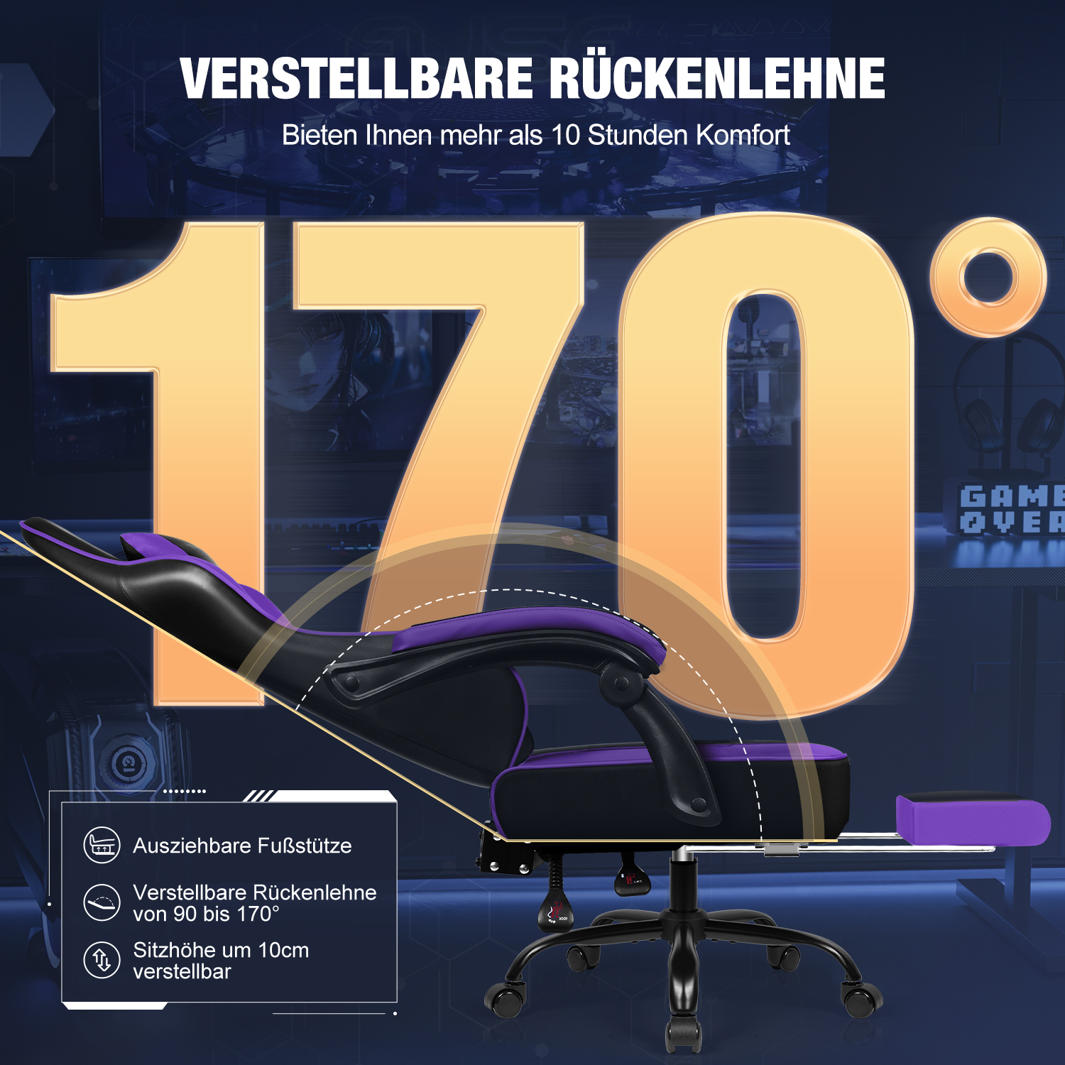 Ein schwarzer und lila Gaming-Stuhl mit verstellbarer Rückenlehne bis zu 170 Grad.