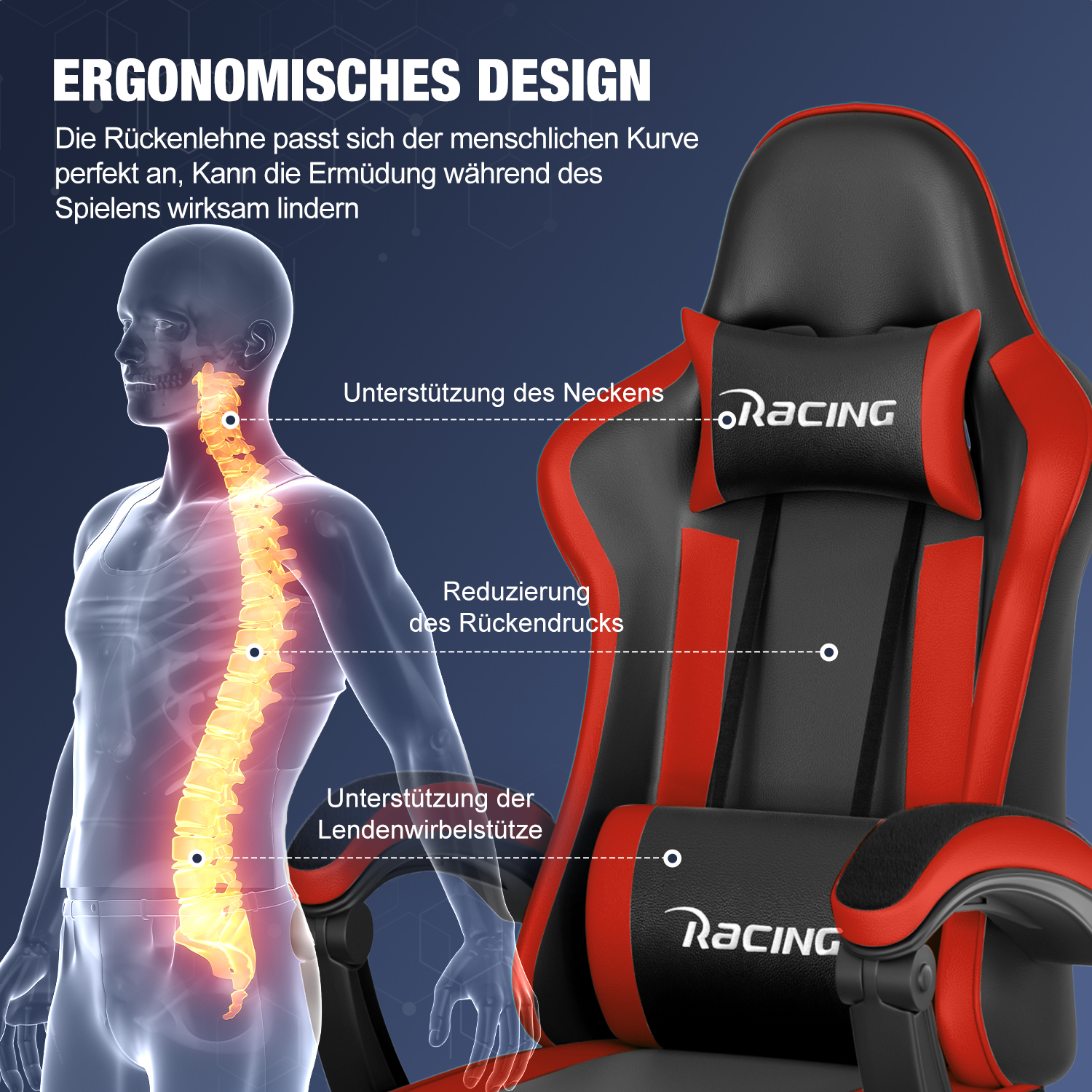 Diagramm zeigt die Ergonomie eines Gaming-Stuhls mit menschlicher Wirbelsäule.