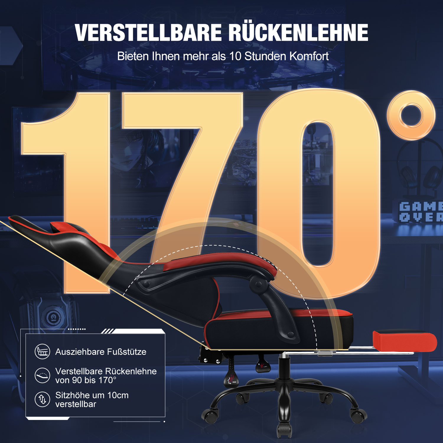 Schwarzer und roter Gaming-Stuhl mit verstellbarer Rückenlehne bis zu 170 Grad und ausziehbarer Fußstütze.