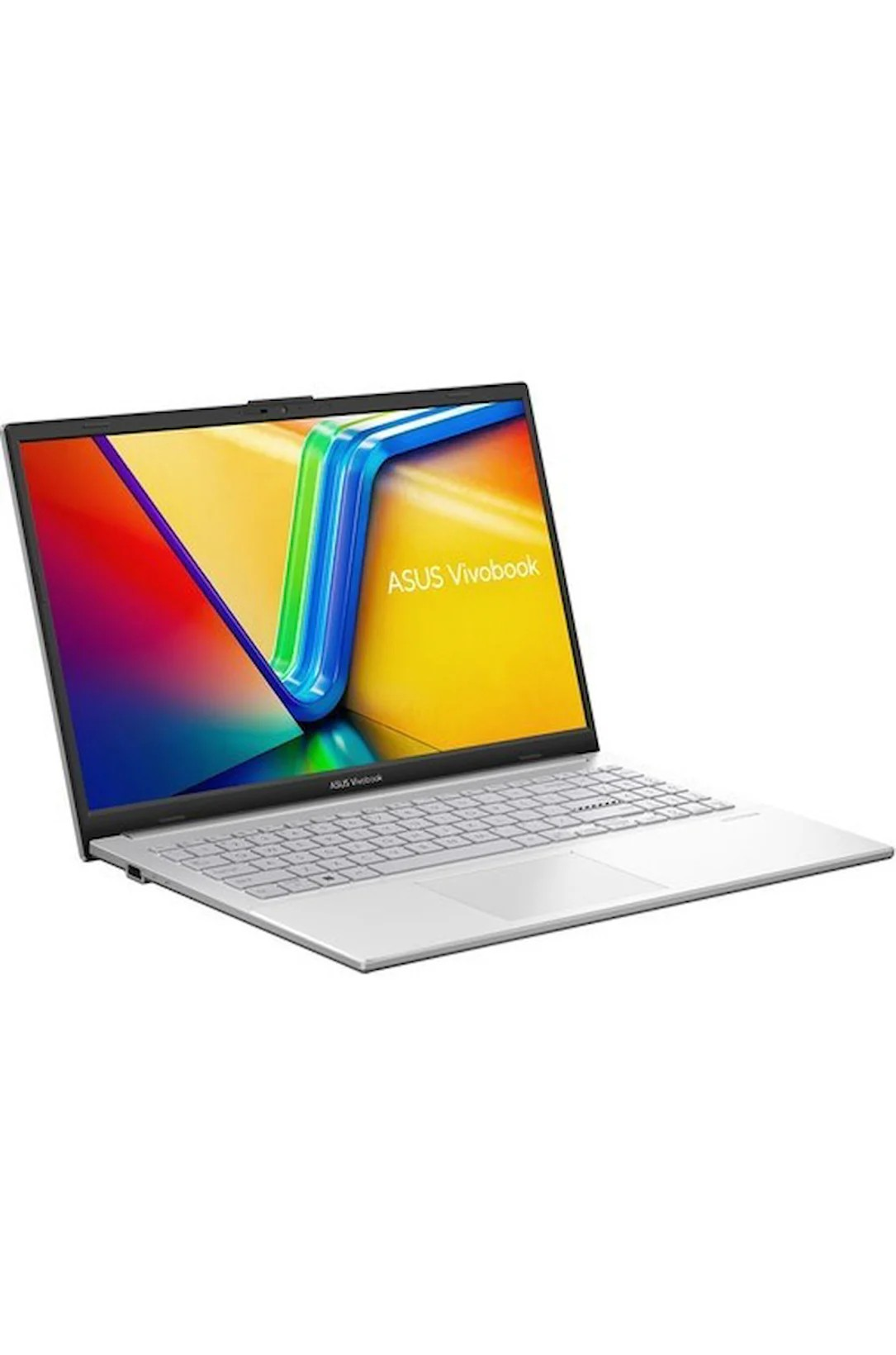 Gümüş renkli bir ASUS Vivobook dizüstü bilgisayar, ekranında renkli dalgalarla beyaz bir yüzeyde açık duruyor.
