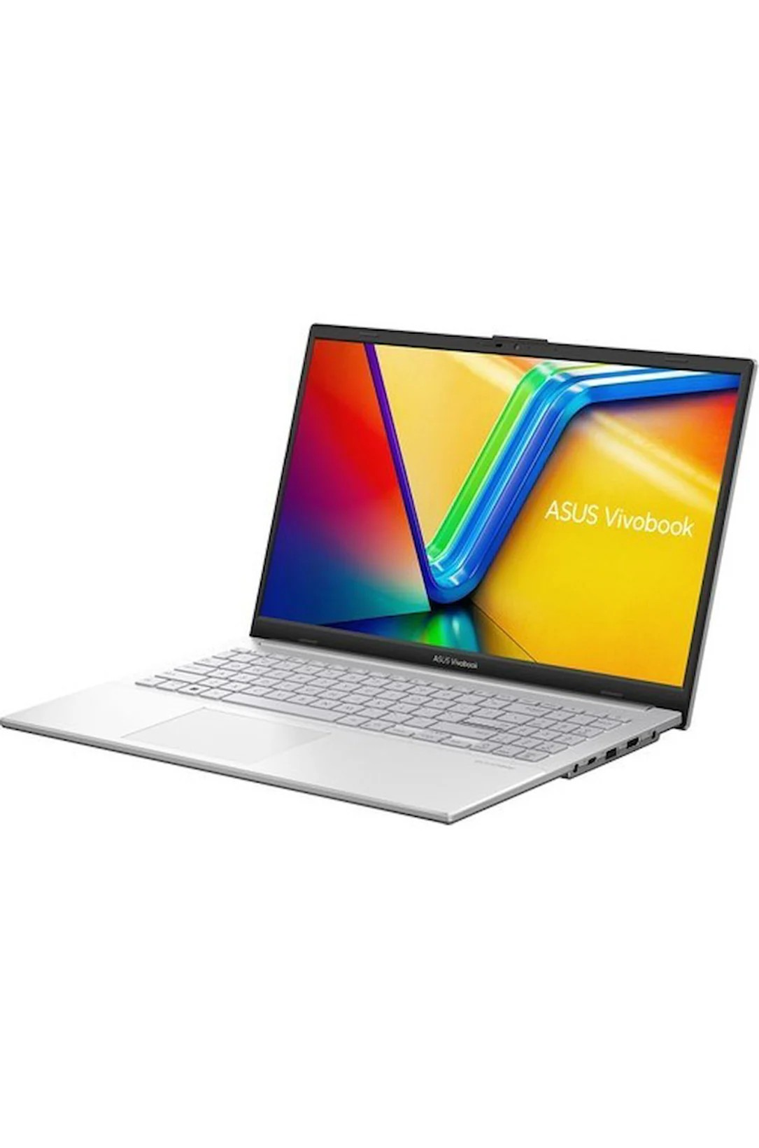 Beyaz arka planda renkli ekranıyla açık duran gümüş rengi bir ASUS Vivobook dizüstü bilgisayar.