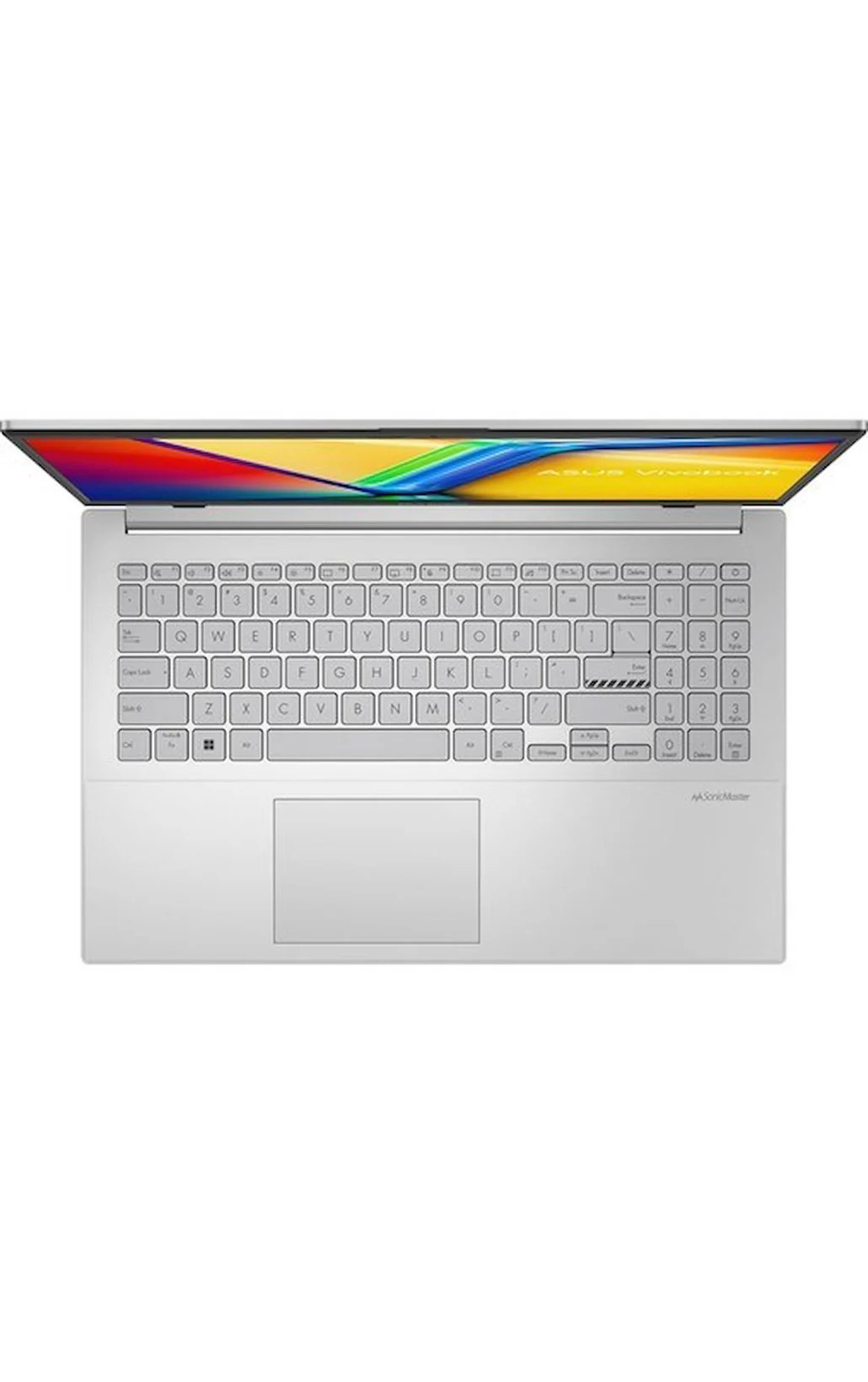 QWERTY klavyeli, sayı tuş takımlı ve renkli ekranlı açık gümüş dizüstü bilgisayarın üstten görünümü.