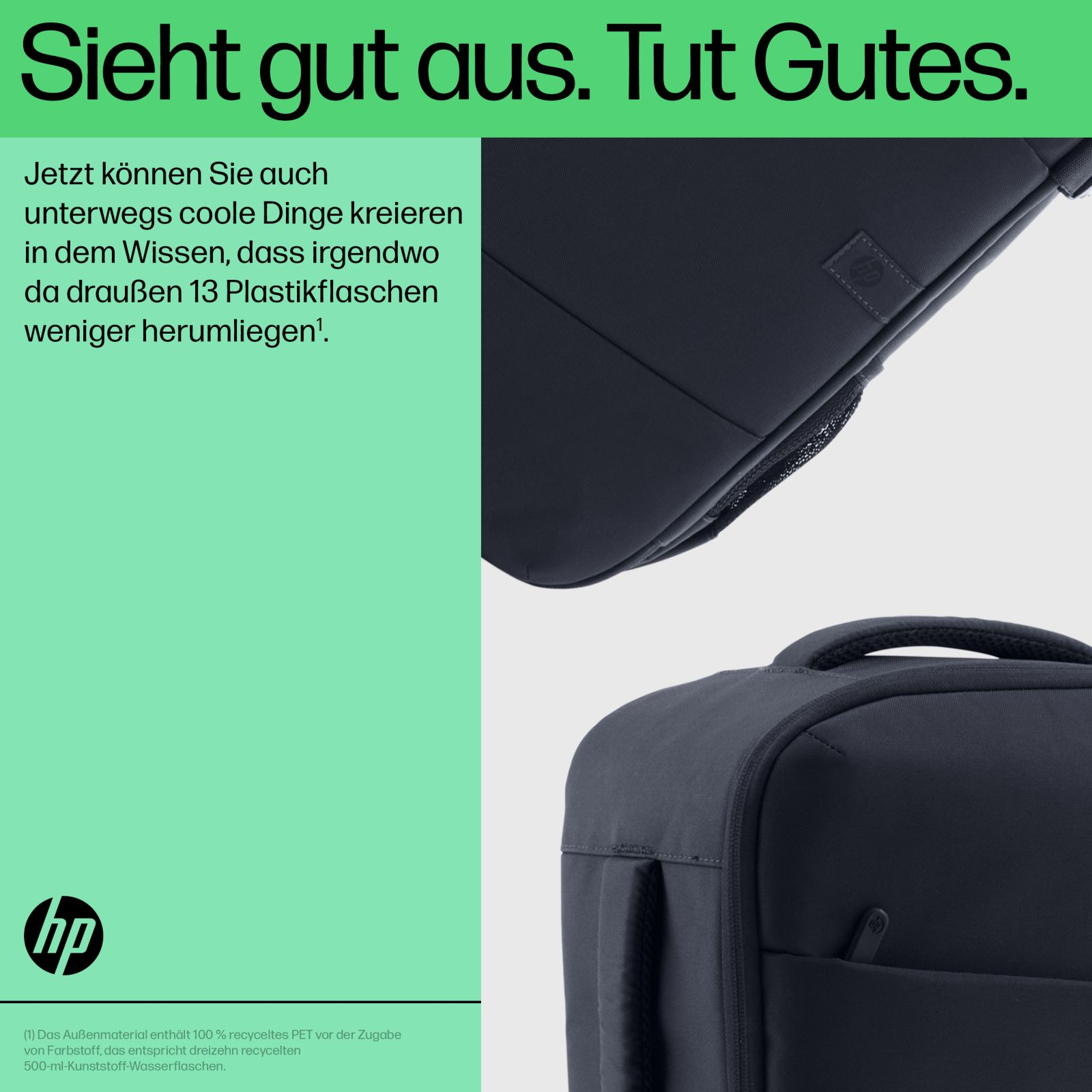 Eine HP-Rucksack-Werbung aus recycelten Plastikflaschen mit deutschem Text und Produktansichten.