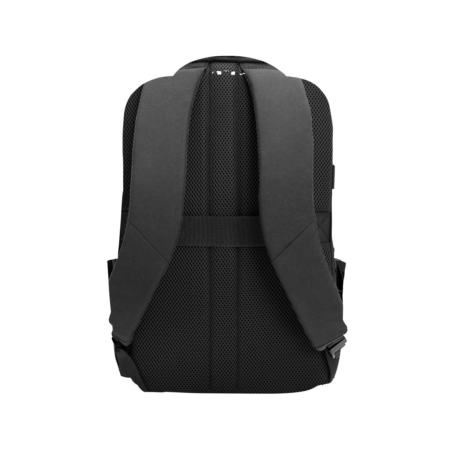 La parte trasera de una mochila negra con correas acolchadas para los hombros y tela de malla transpirable.
