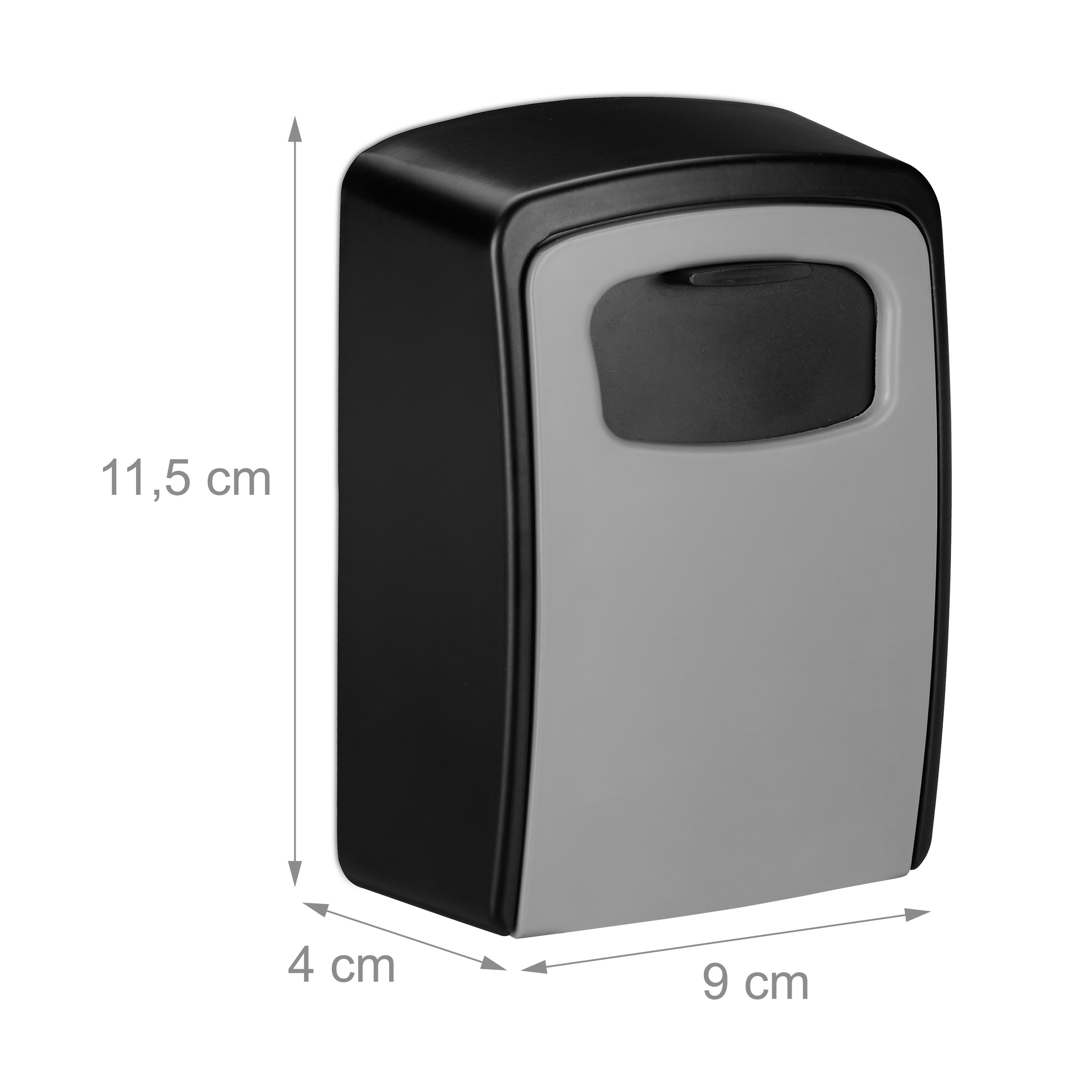 Schwarzer und grauer Schlüsseltresor mit Größenangaben: 11,5 cm Höhe, 9 cm Breite und 4 cm Tiefe.