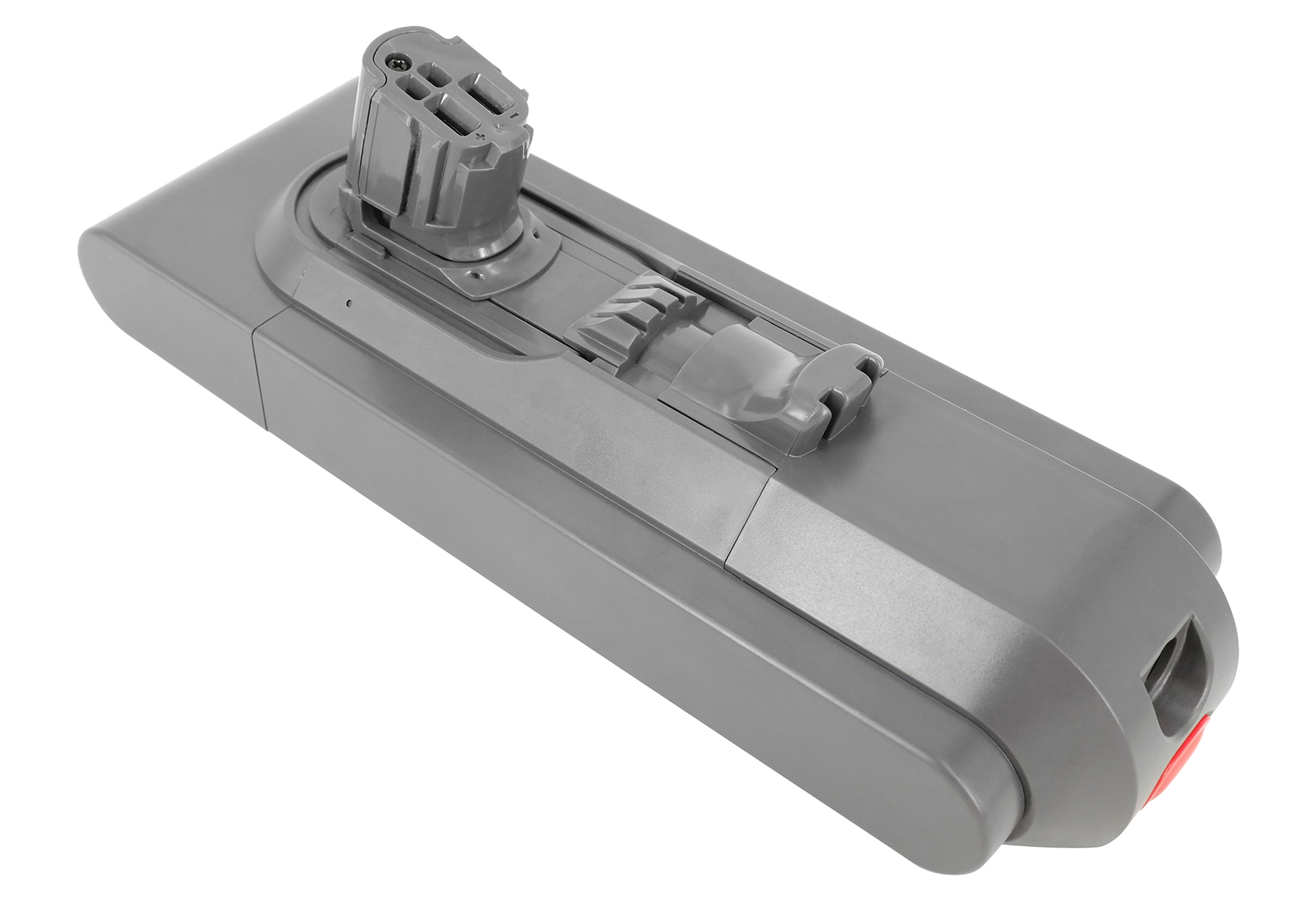 Eine graue Akkubatterie mit Steckerverbindung und einer roten Taste an der Seite.