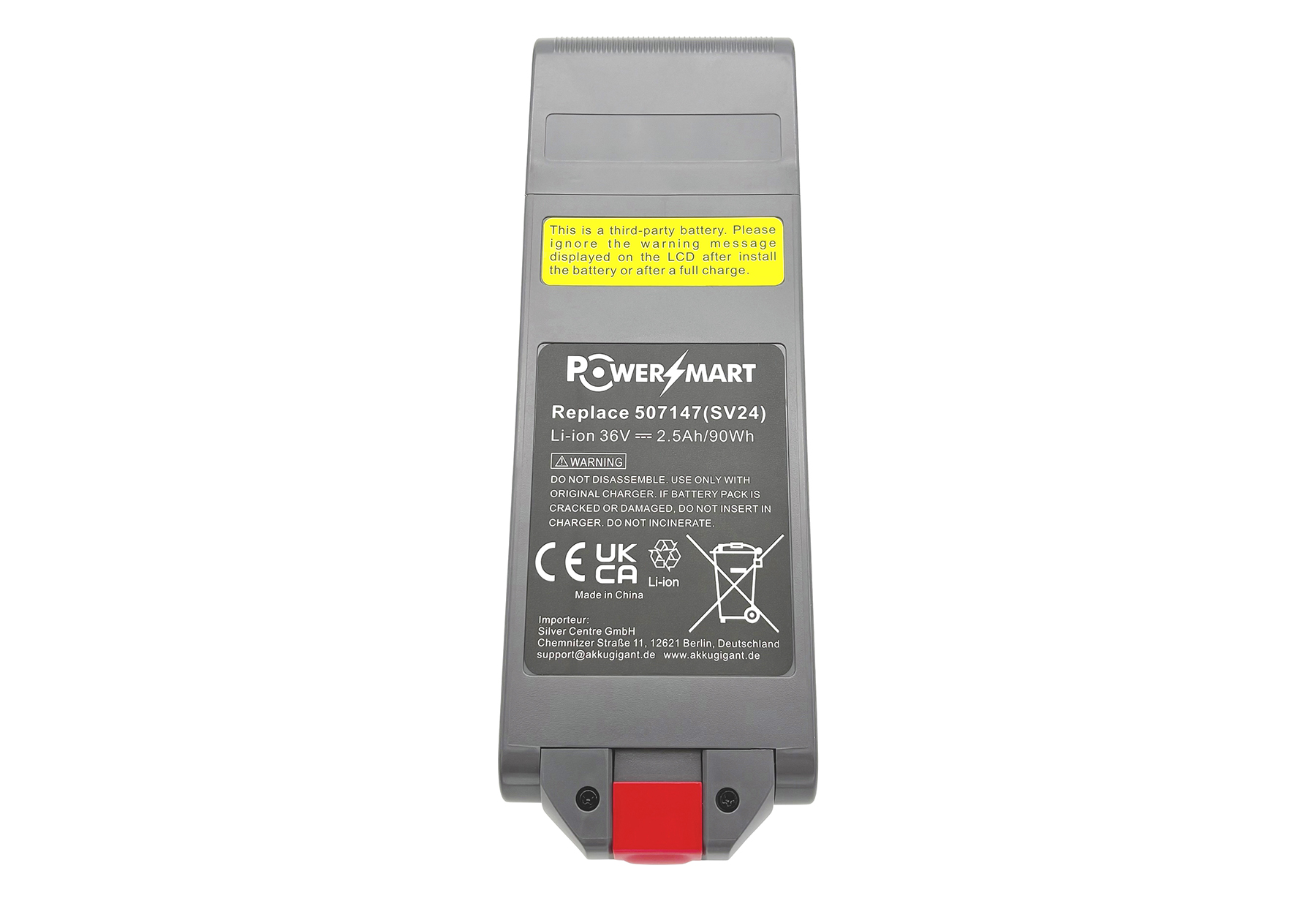Grauer PowerSmart Li-Ion-Akku mit 36V, 2,5Ah und gelbem Warnaufkleber.