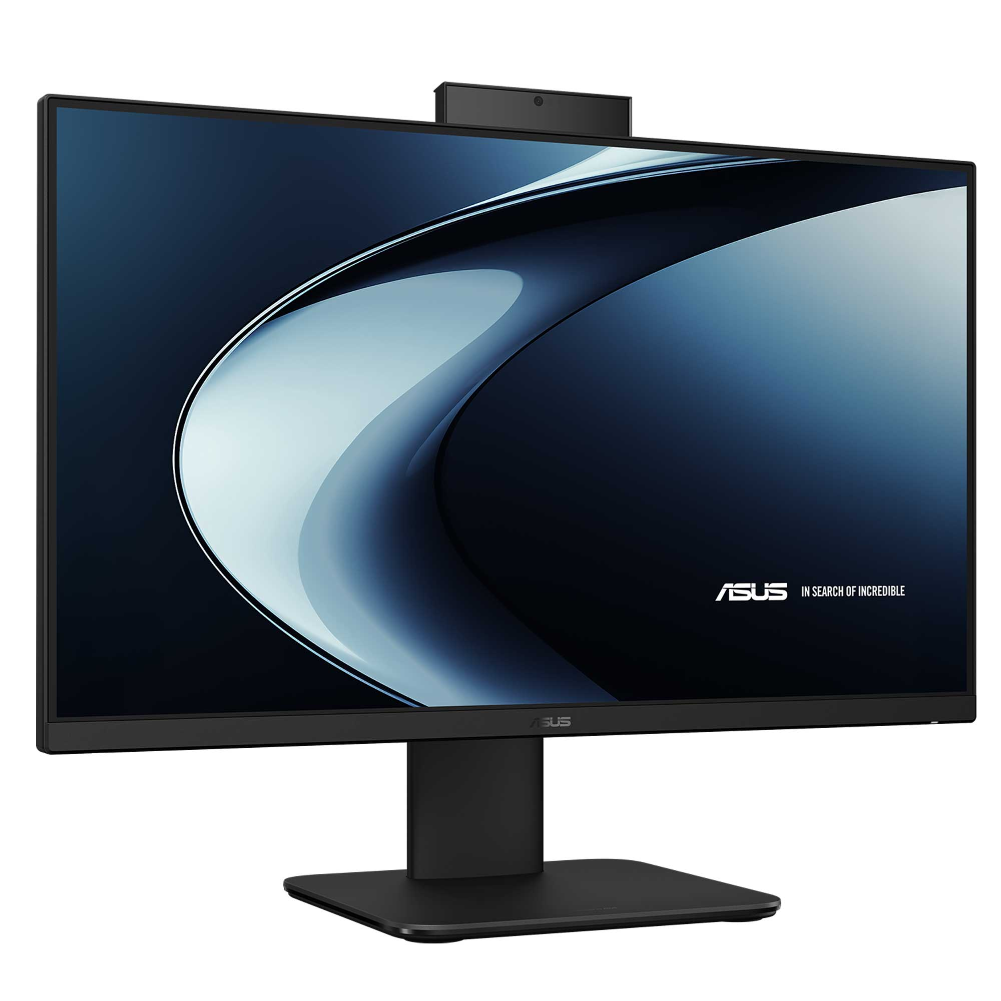 Stant üzerinde yer alan, üstünde dahili web kamerası bulunan siyah bir ASUS monitör soyut mavi bir desen gösteriyor.
