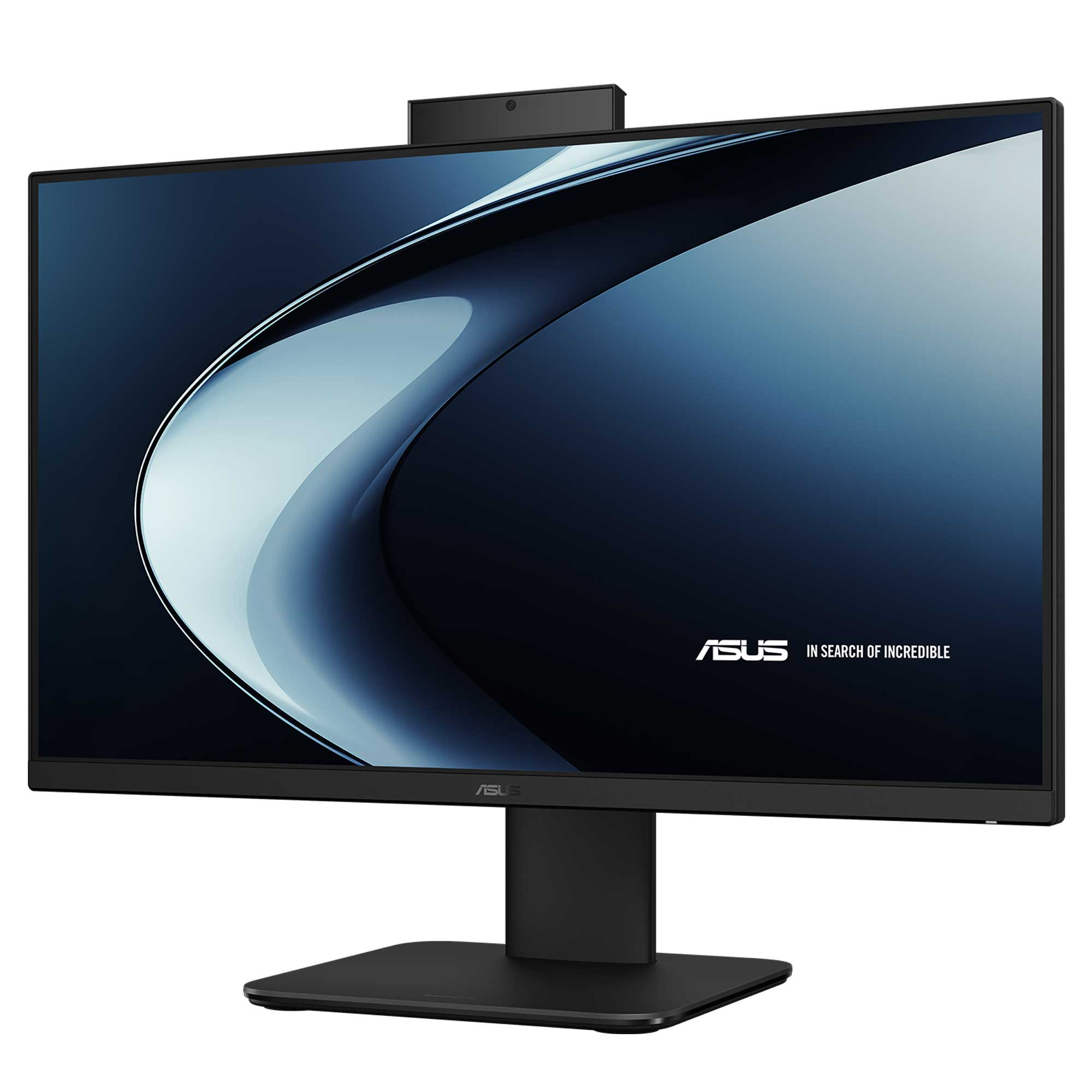 Standlı, entegre web kameralı siyah Asus monitör ve ekranda mavi dalga soyut duvar kağıdı.