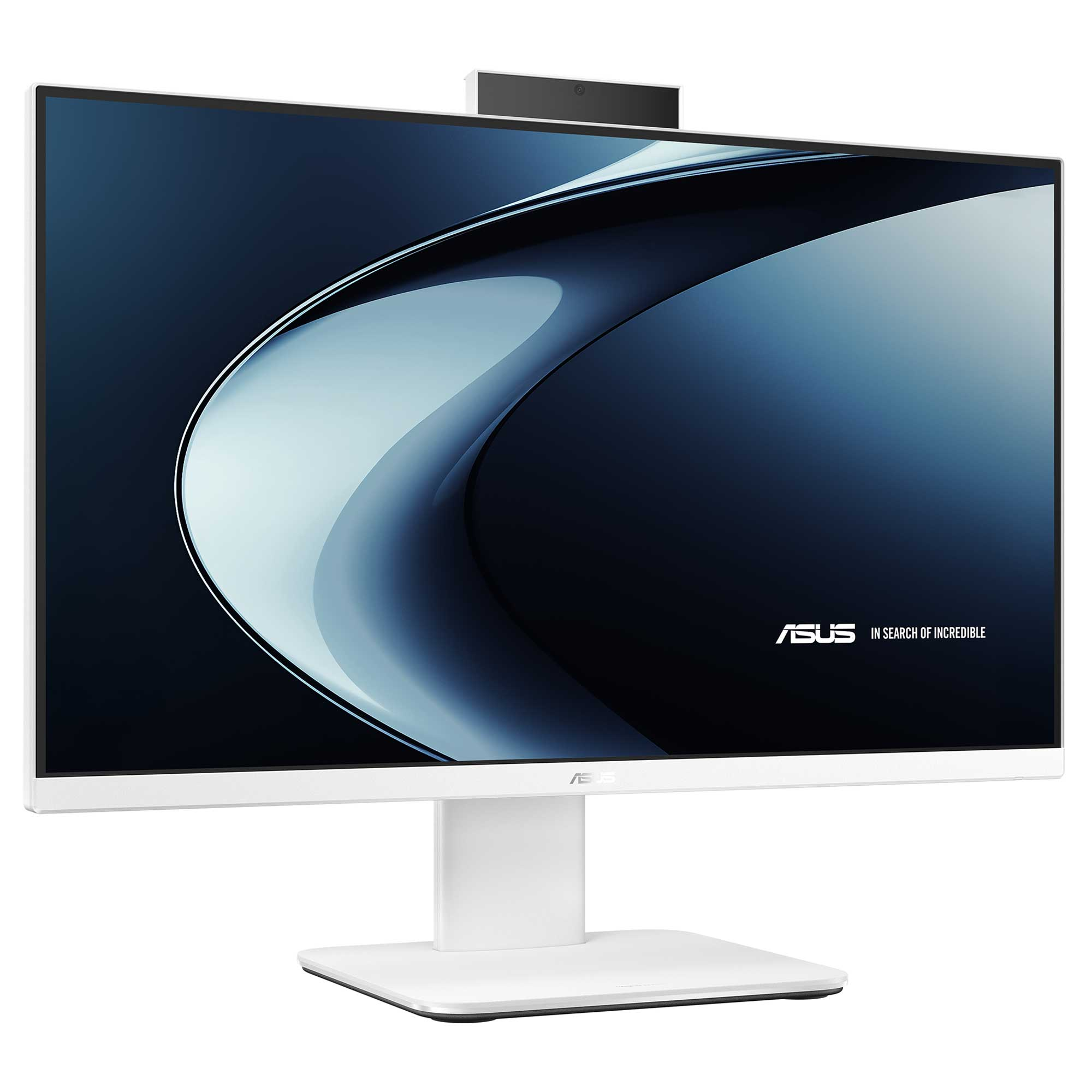 İnce çerçeveli, soyut mavi duvar kağıtlı ve üstünde web kamerası olan beyaz ASUS monitör, beyaz stant üzerinde.