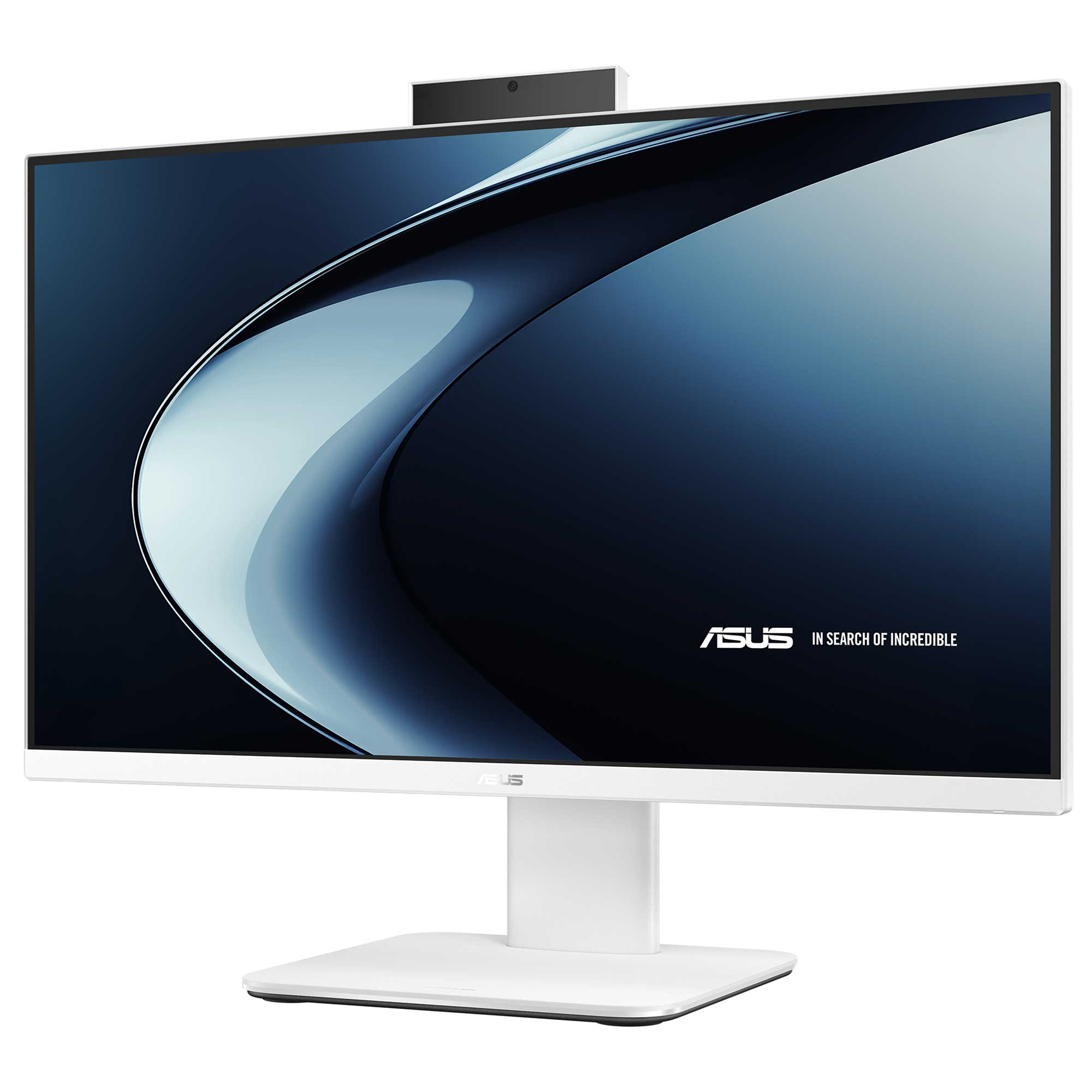 Dahili web kameralı ve ekranda mavi grafik bulunan beyaz bir ASUS bilgisayar monitörü.