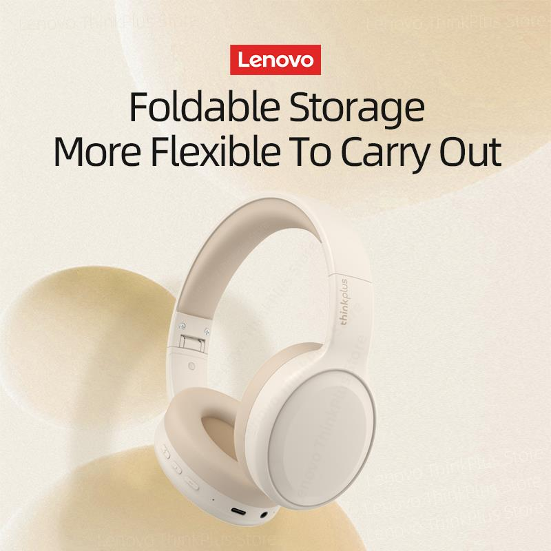 Yumuşak bir arka plan ve tanıtım metni önünde bej renkli Lenovo Thinkplus kablosuz kulaklık.