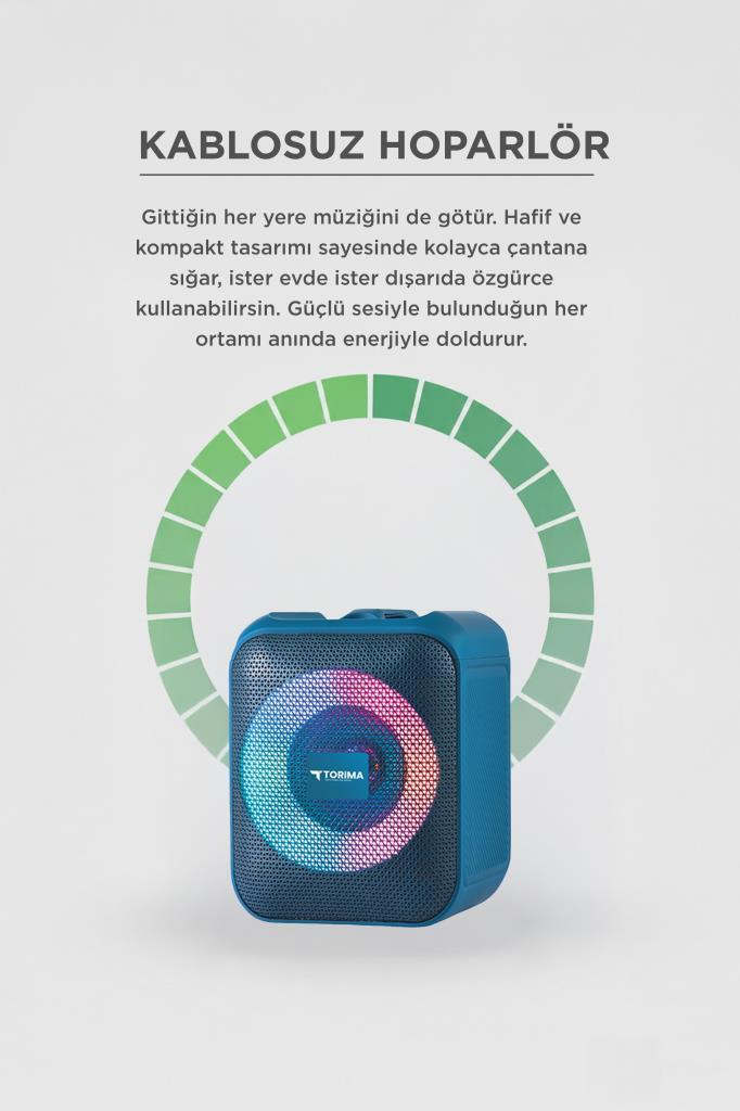 Önünde parlayan renkli bir halka olan mavi kablosuz hoparlör, açık renkli arka plan ve Türkçe yazılar.