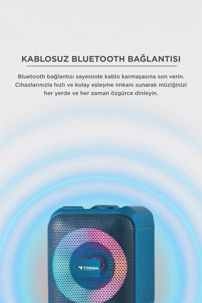 Metinli açık renkli bir arka planda dairesel pembe LED aydınlatmalı mavi bir Bluetooth hoparlör.