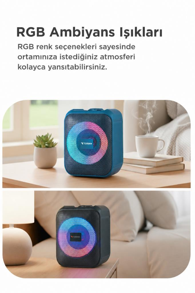 Ahşap bir masada, bitki ve fincanın yanında RGB ışıklı mavi bir Bluetooth hoparlör.