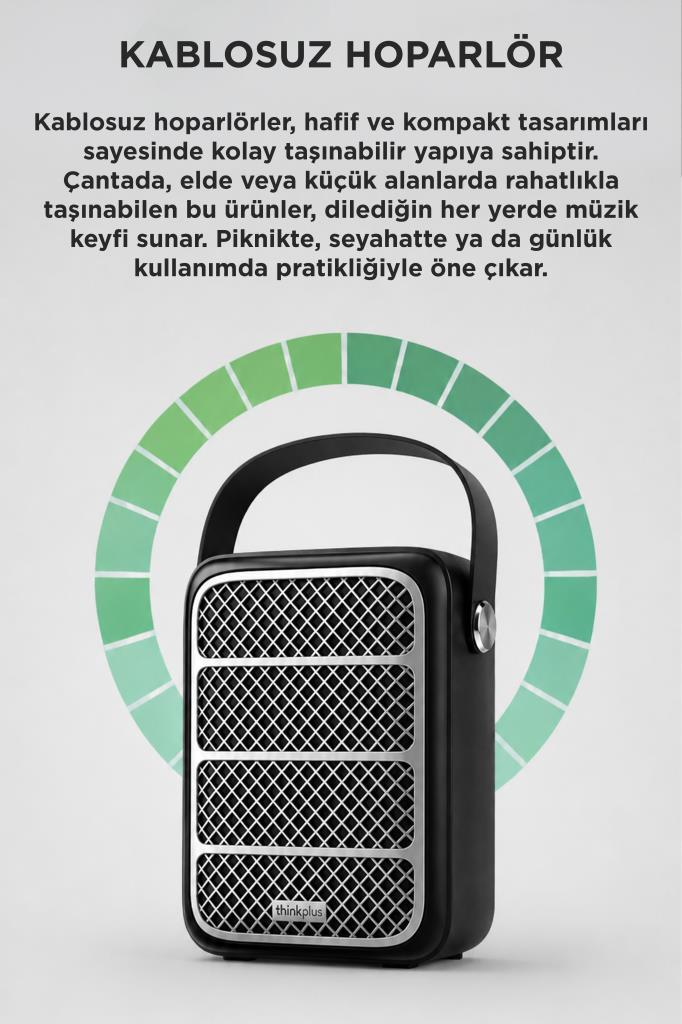 Metal ızgaralı ve saplı taşınabilir siyah hoparlör, yeşil dairesel desen ve metin önünde.