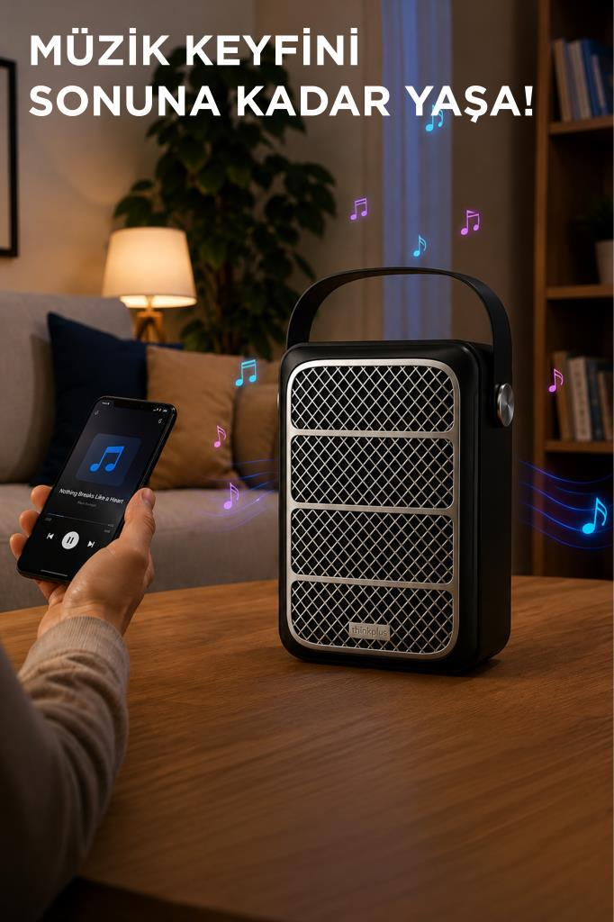 Bir akıllı telefon, rahat bir odadaki ahşap masada duran modern, taşınabilir bir Bluetooth hoparlörü kontrol ediyor.