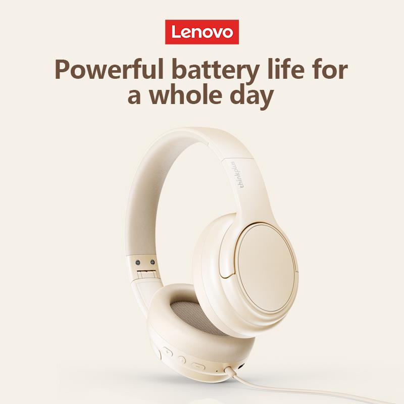 Güçlü pil ömrü hakkında metin içeren açık arka plan üzerinde bej renkli Lenovo Thinkplus kulakl ık.