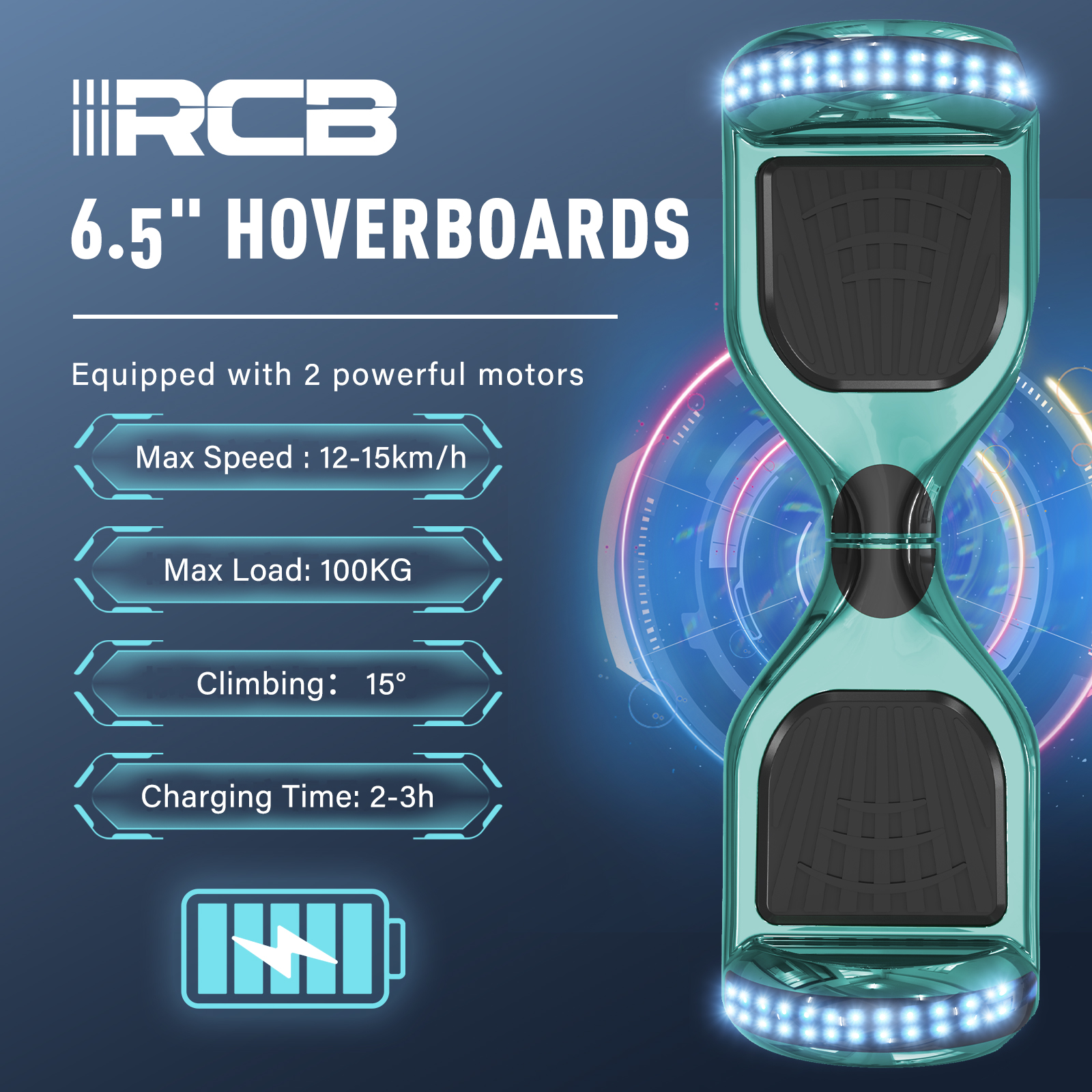Hoverboard verde brillante de 6.5 pulgadas con especificaciones y luces LED azules sobre fondo azul.