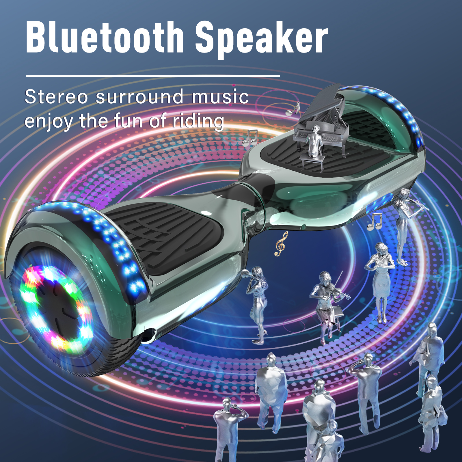 Un hoverboard brillante con luces coloridas, una pequeña figura de piano encima y notas musicales de fondo.