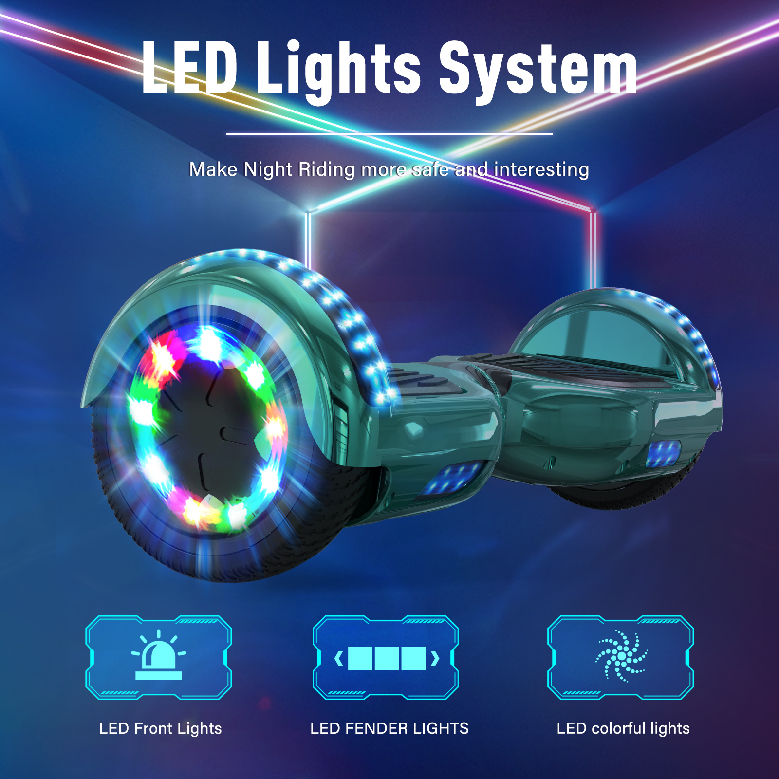 Un aerotabla verde con luces LED coloridas en sus ruedas y guardabarros sobre un fondo oscuro.