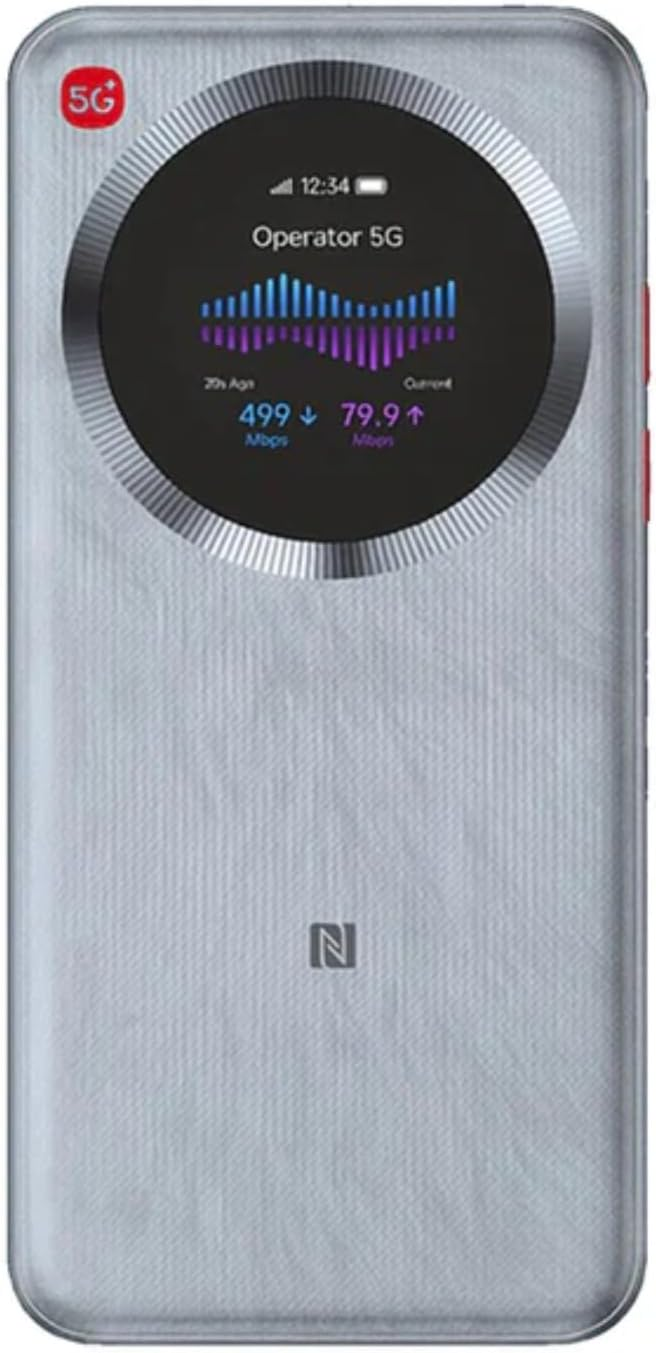 Die Rückseite eines silbernen Smartphones zeigt ein rundes Display mit einem 5G-Geschwindigkeitstest und ein NFC-Logo.