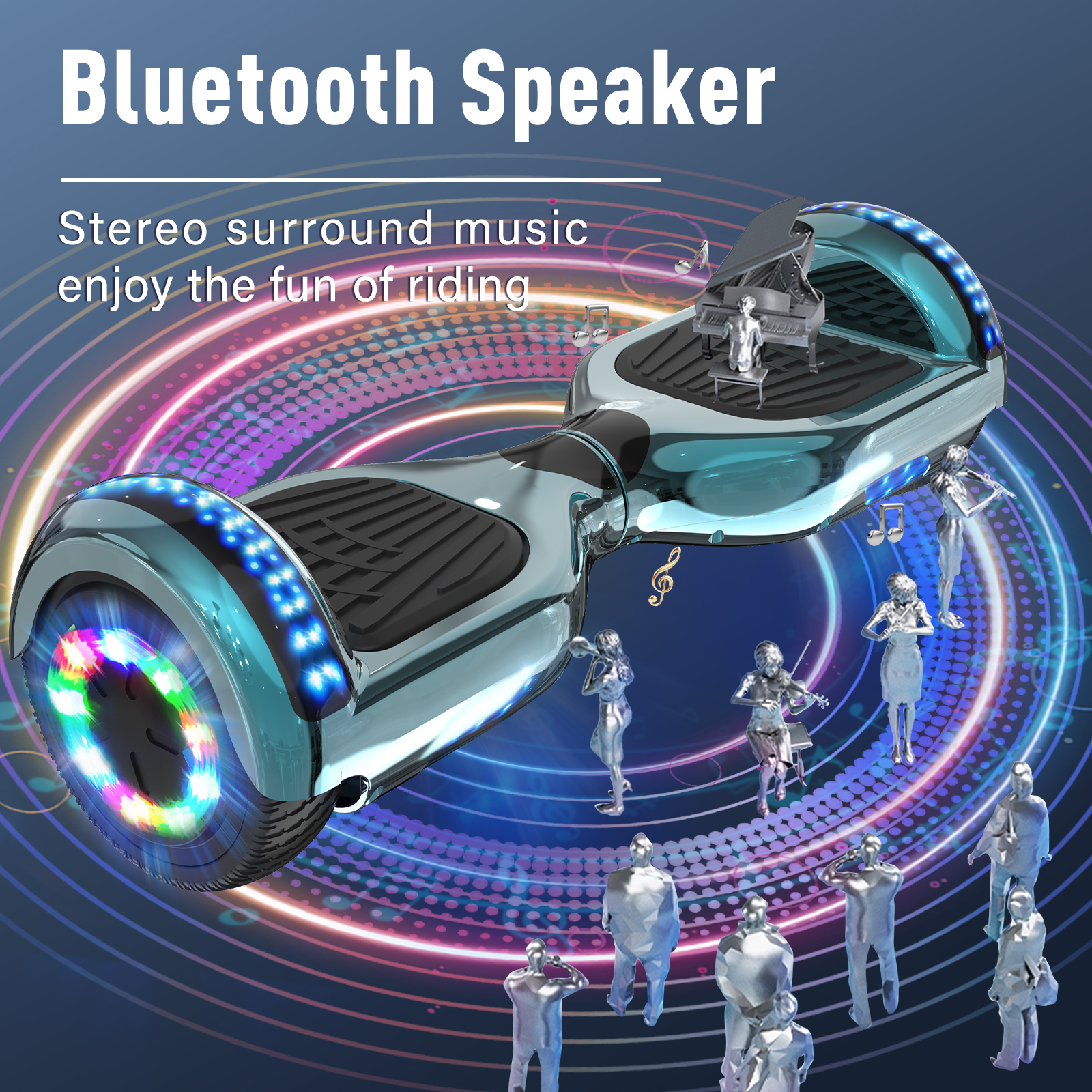 Patinete eléctrico brillante con altavoz Bluetooth integrado sobre fondo musical colorido.