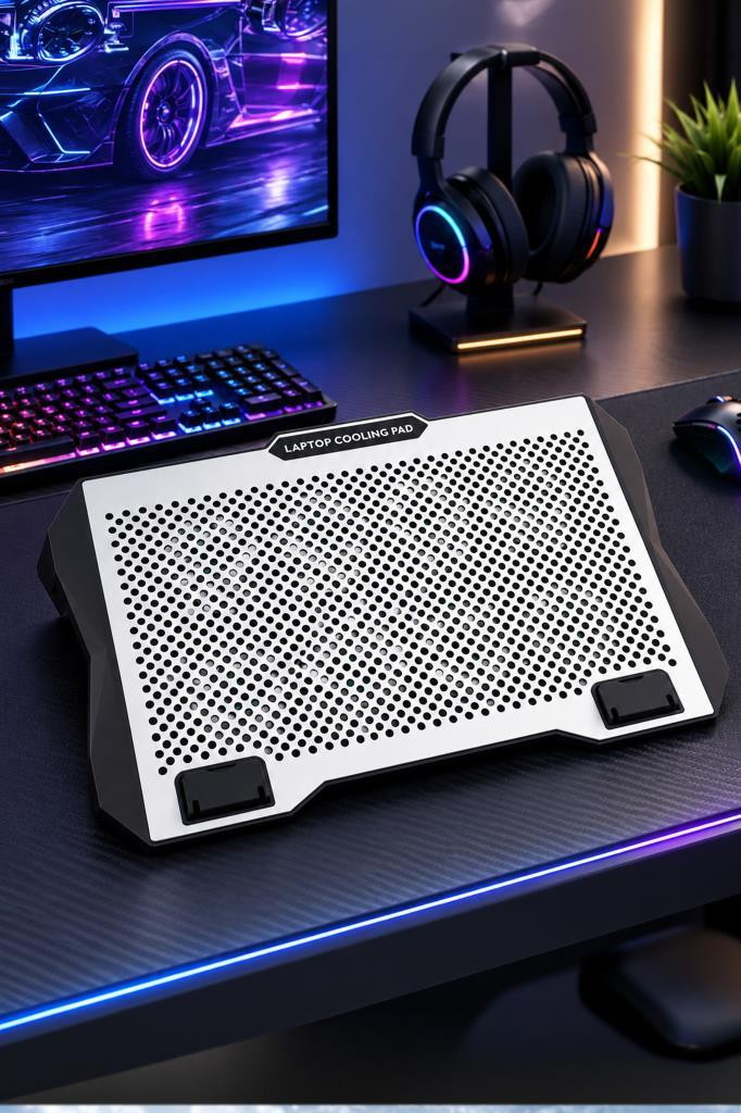 Siyah çerçeveli gümüş renkli bir laptop soğutucu, monitör ve kulaklığın önünde oyuncu masasında duruyor.