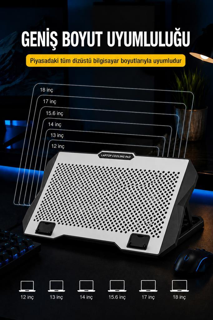 12 ile 18 inç arası boyut uyumluluğunu gösteren, koyu zeminli laptop soğutucu.
