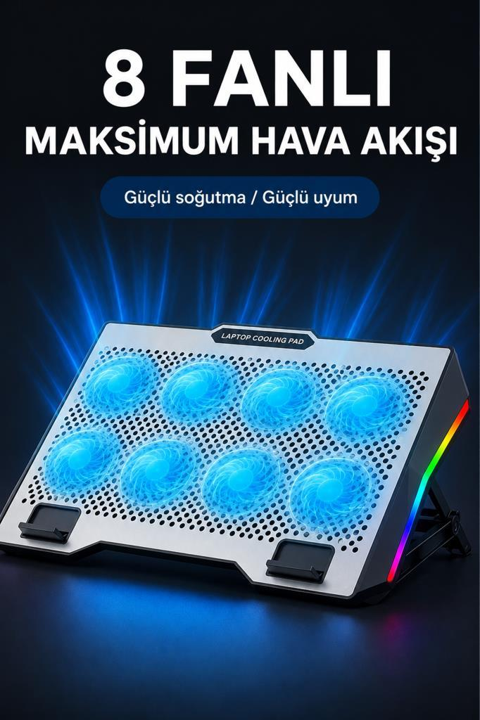 Sekiz mavi yanan fanlı ve üst kısımda yazılar bulunan aydınlatmalı dizüstü bilgisayar soğutucusu.