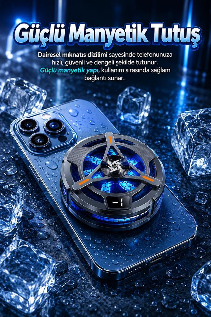 Buz küpleriyle çevrili mavi bir akıllı telefona takılı manyetik telefon soğutucusu.