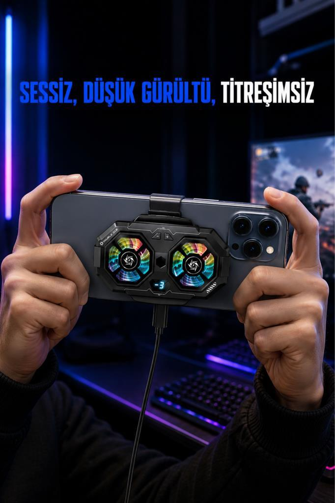 Bir oyuncu tarafindan tutulan, arkasinda RGB sogutucu fan bulunan akilli telefon.