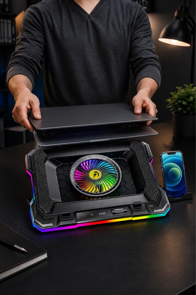 Bir kişi siyah bir masada dizüstü bilgisayarı RGB soğutucusuna yerleştiriyor.