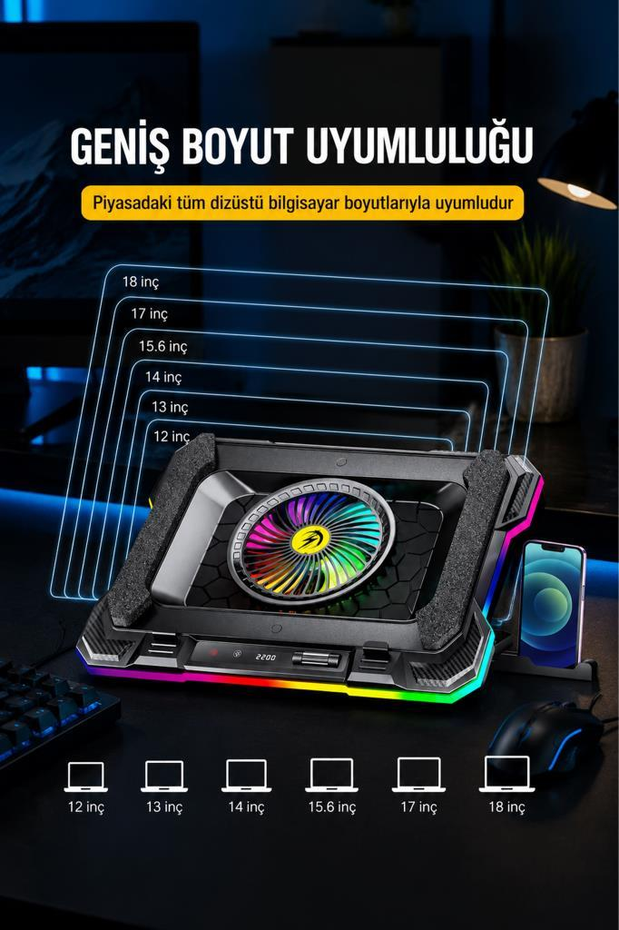 12 ila 18 inç arası dizüstü bilgisayarlarla uyumlu, renkli RGB ışıklara ve dijital ekrana sahip soğutucu.