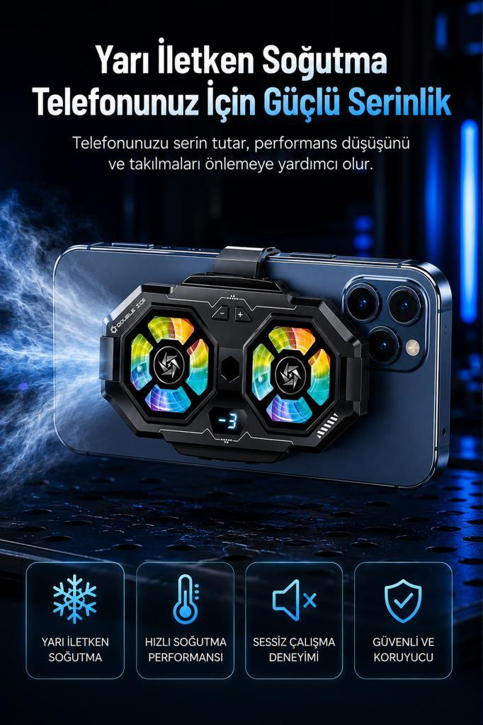 Koyu arka plan önünde çift RGB fanlı ve dijital sıcaklık göstergeli akıllı telefon soğutucu fanı.