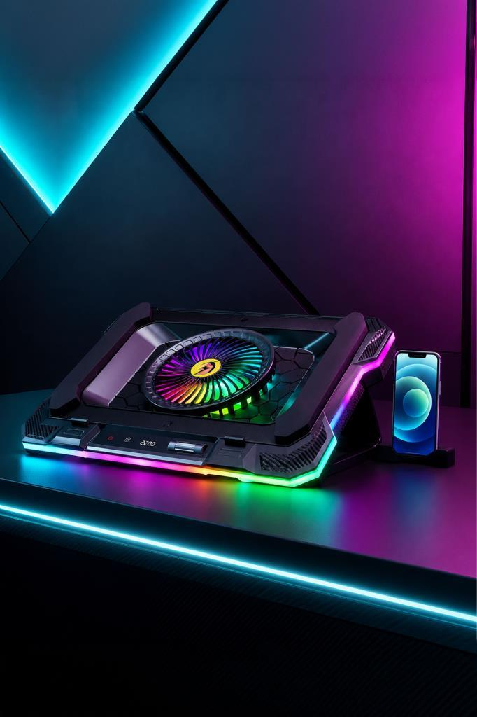 RGB aydınlatmalı oyun laptop soğutucusu ve masada bir akıllı telefon.